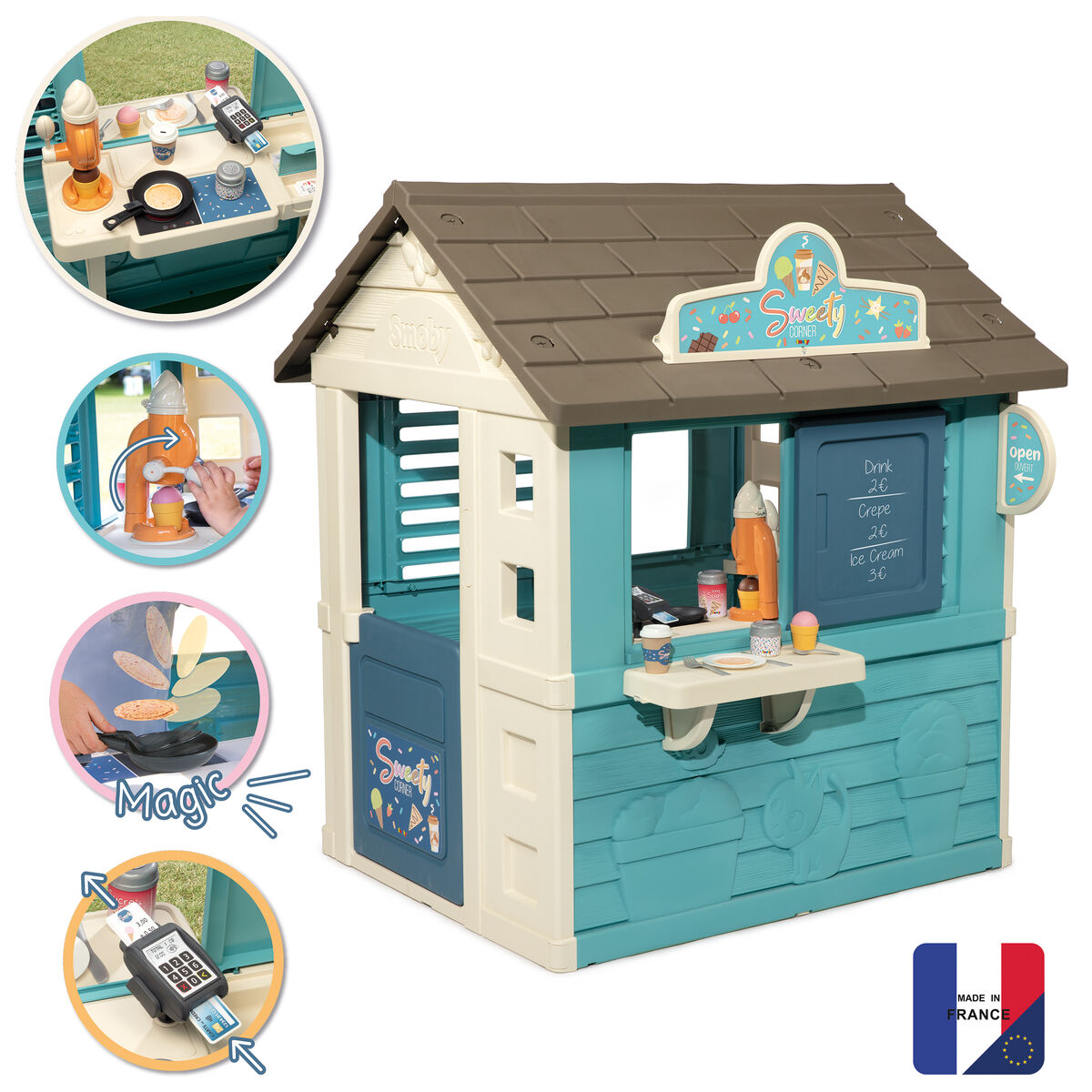 Casita de juguete, azul y blanca, con letrero 'Sweety Corner', con configuración detallada y accesorios.