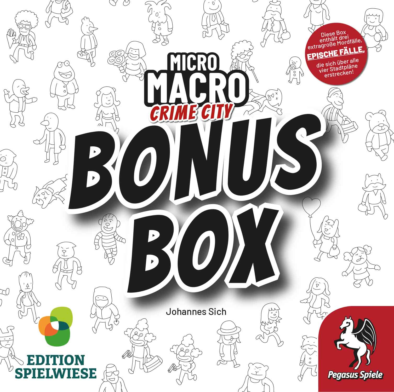 Box mit dem Spieltitel 'Micro Macro Crime City'. Enthält Cartoon-Illustrationen und den Text 'Bonus Box'.