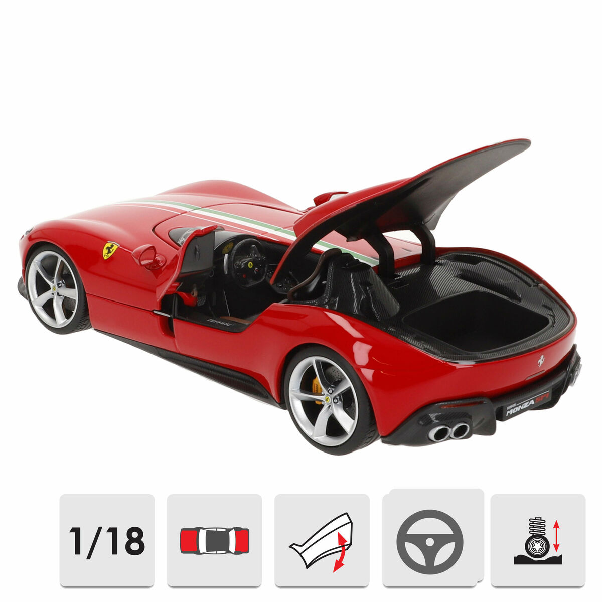 Rotes Ferrari-Spielzeugauto mit offenen Türen auf weißem Hintergrund.