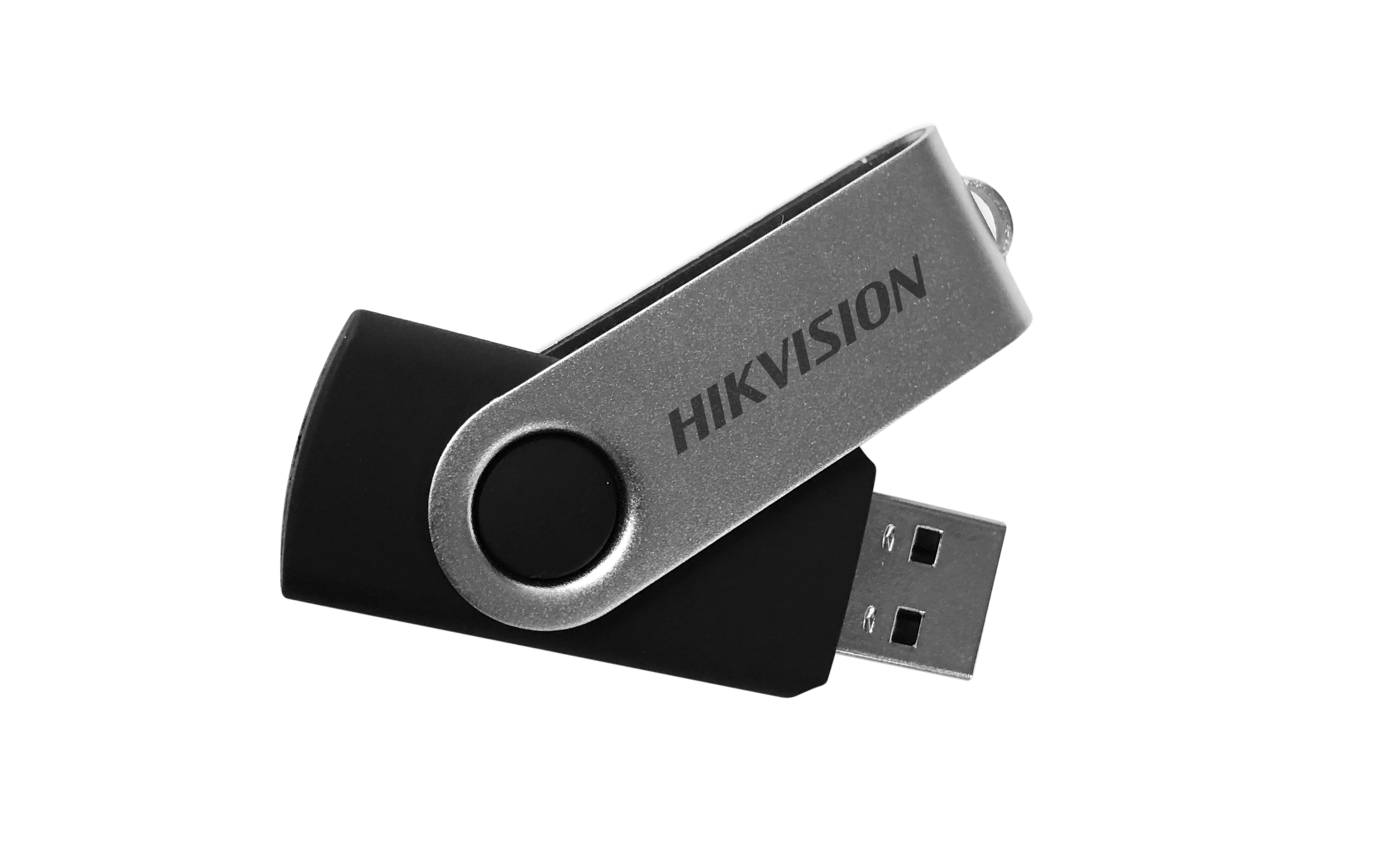 Pamięć flash USB. Ma czarny korpus ze srebrną obrotową osłoną, marką HIKVISION.