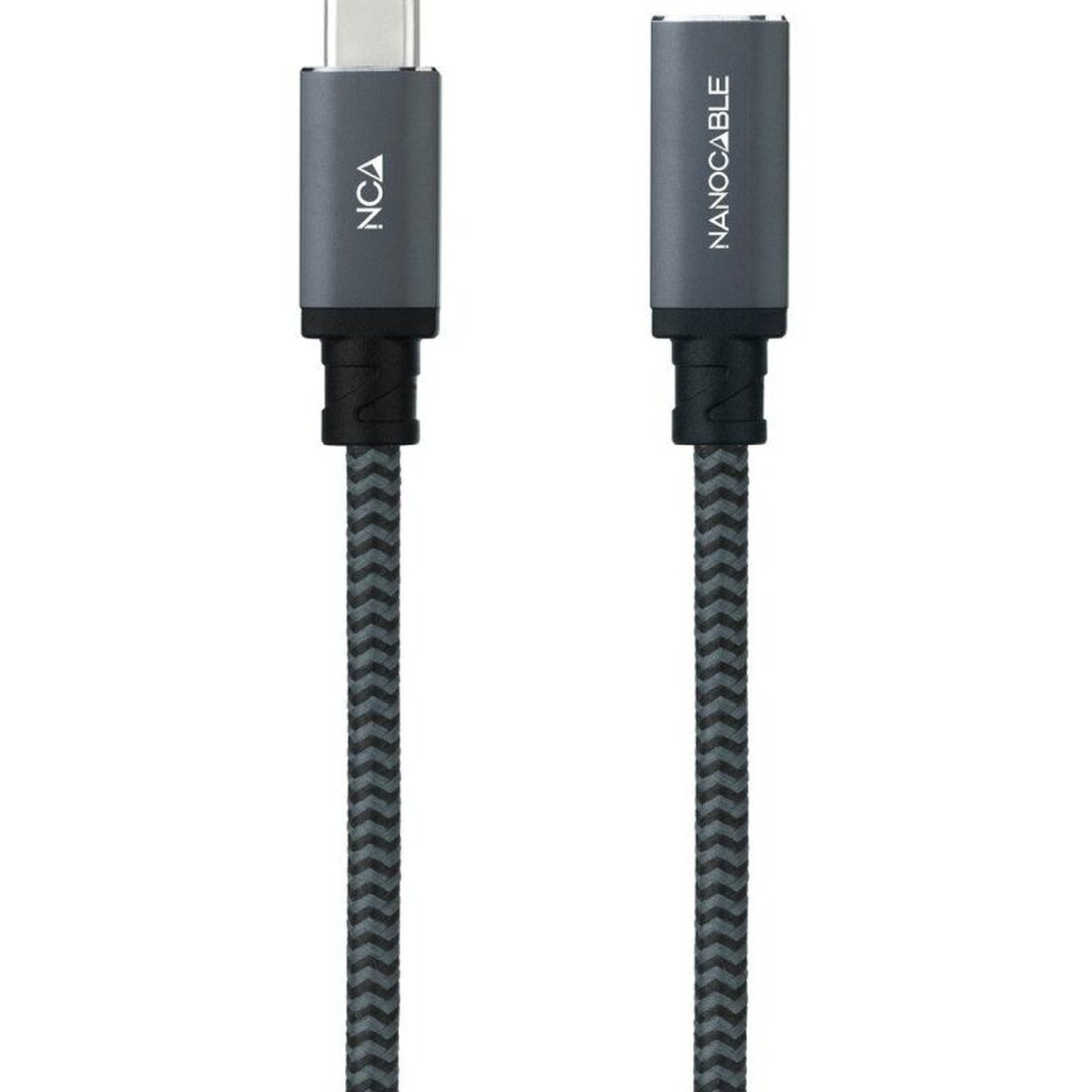 Due cavi USB-C a USB-C neri e grigi, marchiati NCA e Nanocable, con trama intrecciata.