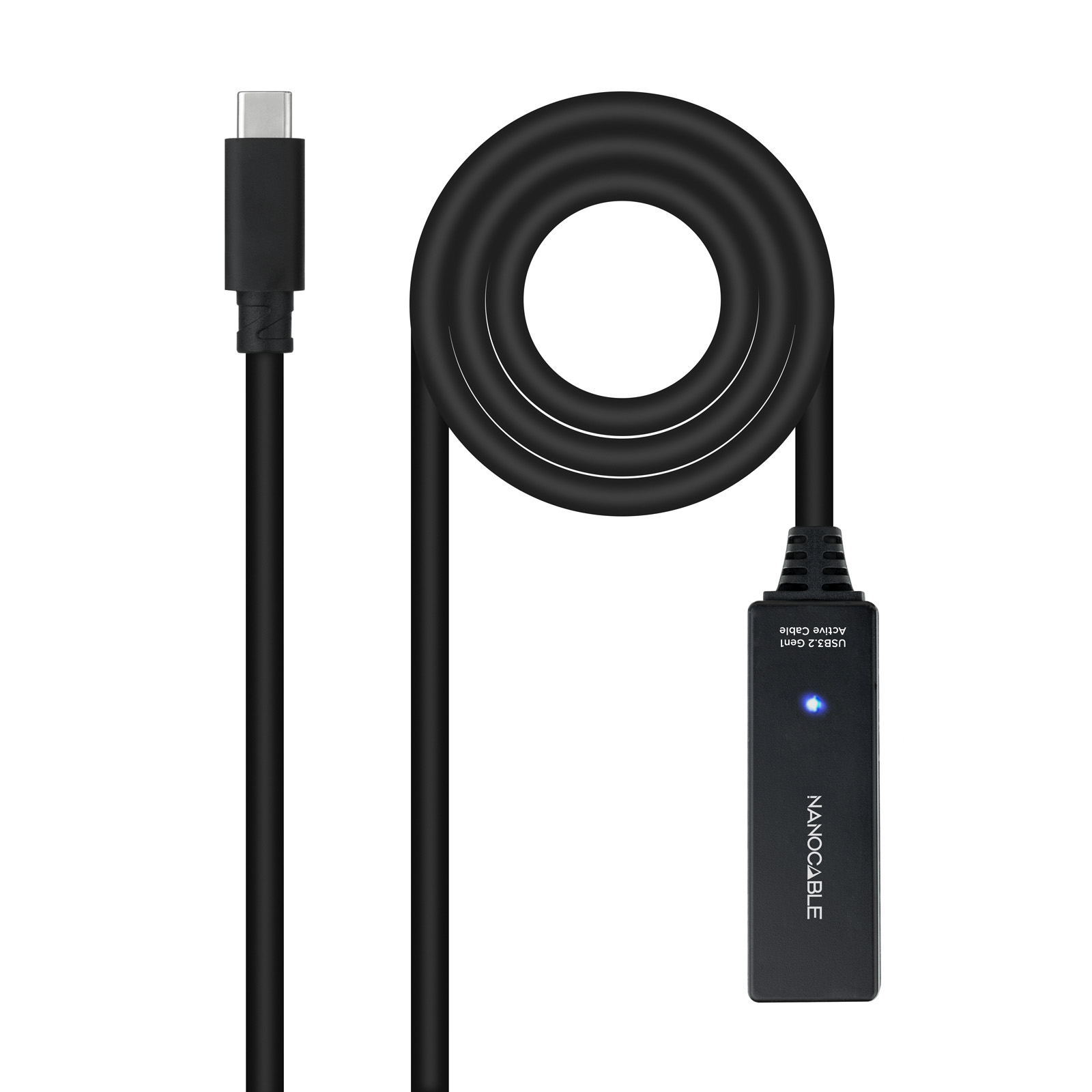 Cavo USB-C nero con connettore USB-C a entrambe le estremità. Il cavo è su sfondo bianco.