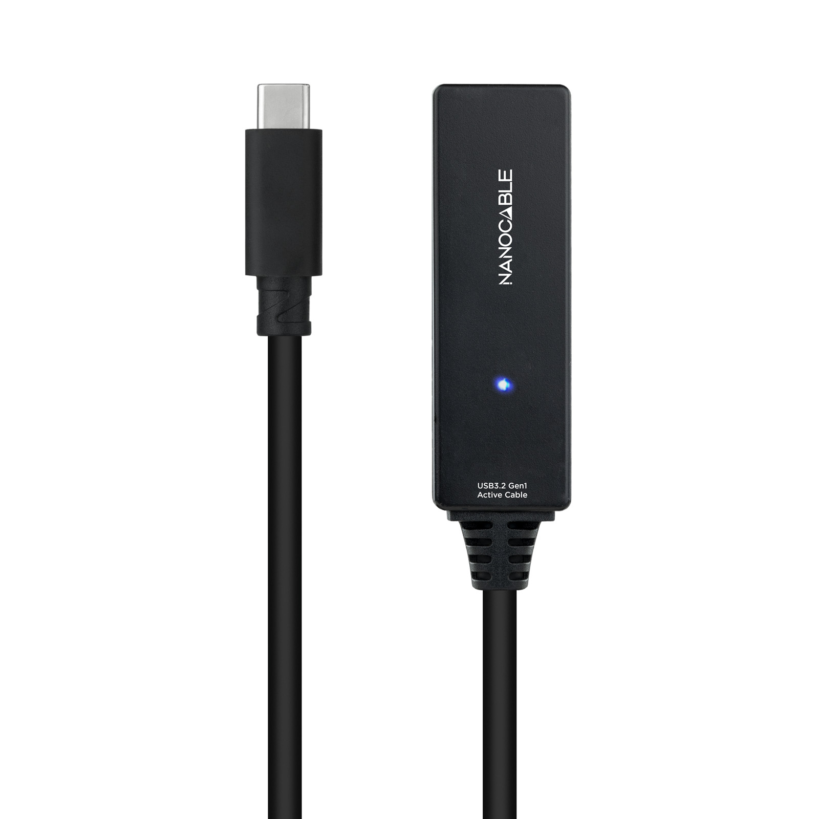 Cavo USB-C nero con connettore USB-C a entrambe le estremità. Il cavo è su sfondo bianco.