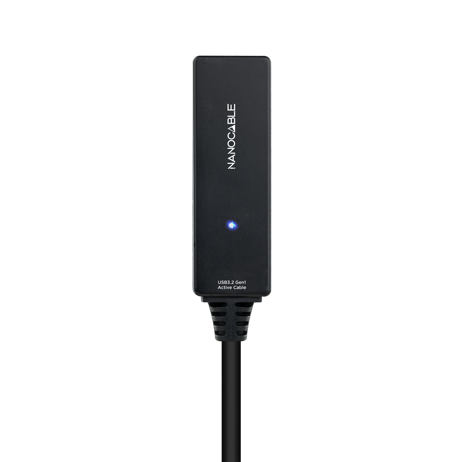 Extender USB-C nero con luce blu, collegato a un cavo nero, su sfondo bianco.