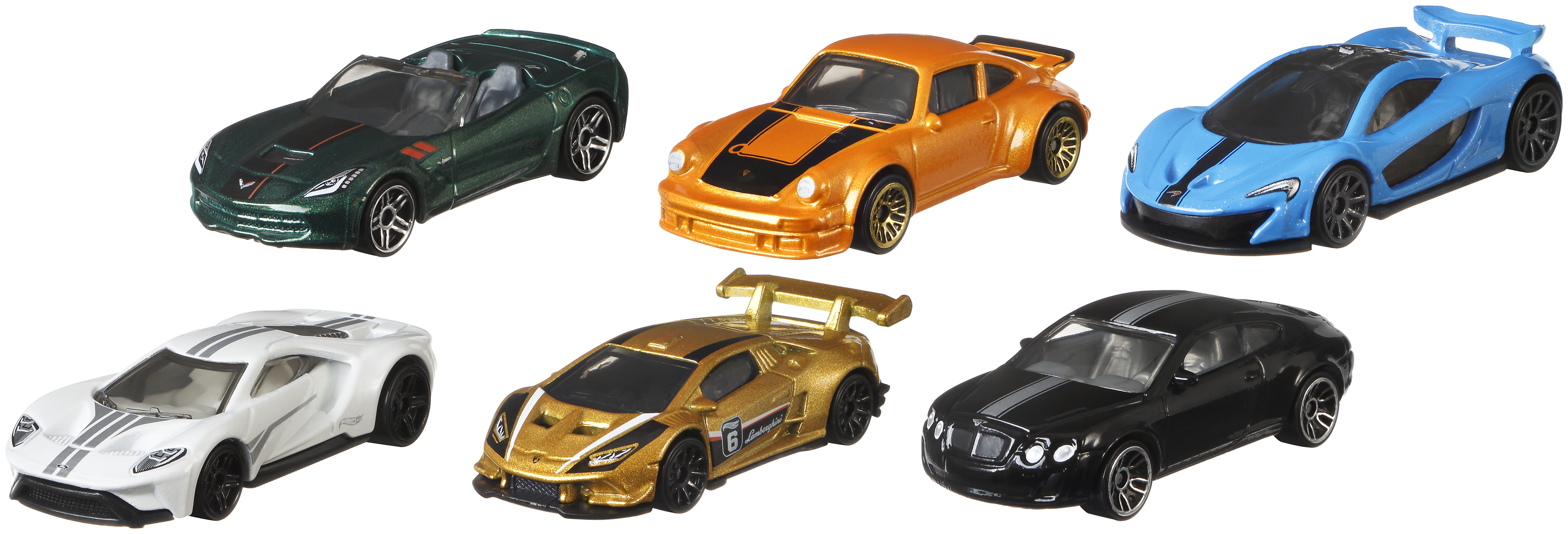 Mehrere Spielzeugautos in verschiedenen Farben mit verschiedenen Designs sind auf einer weißen Oberfläche angeordnet.