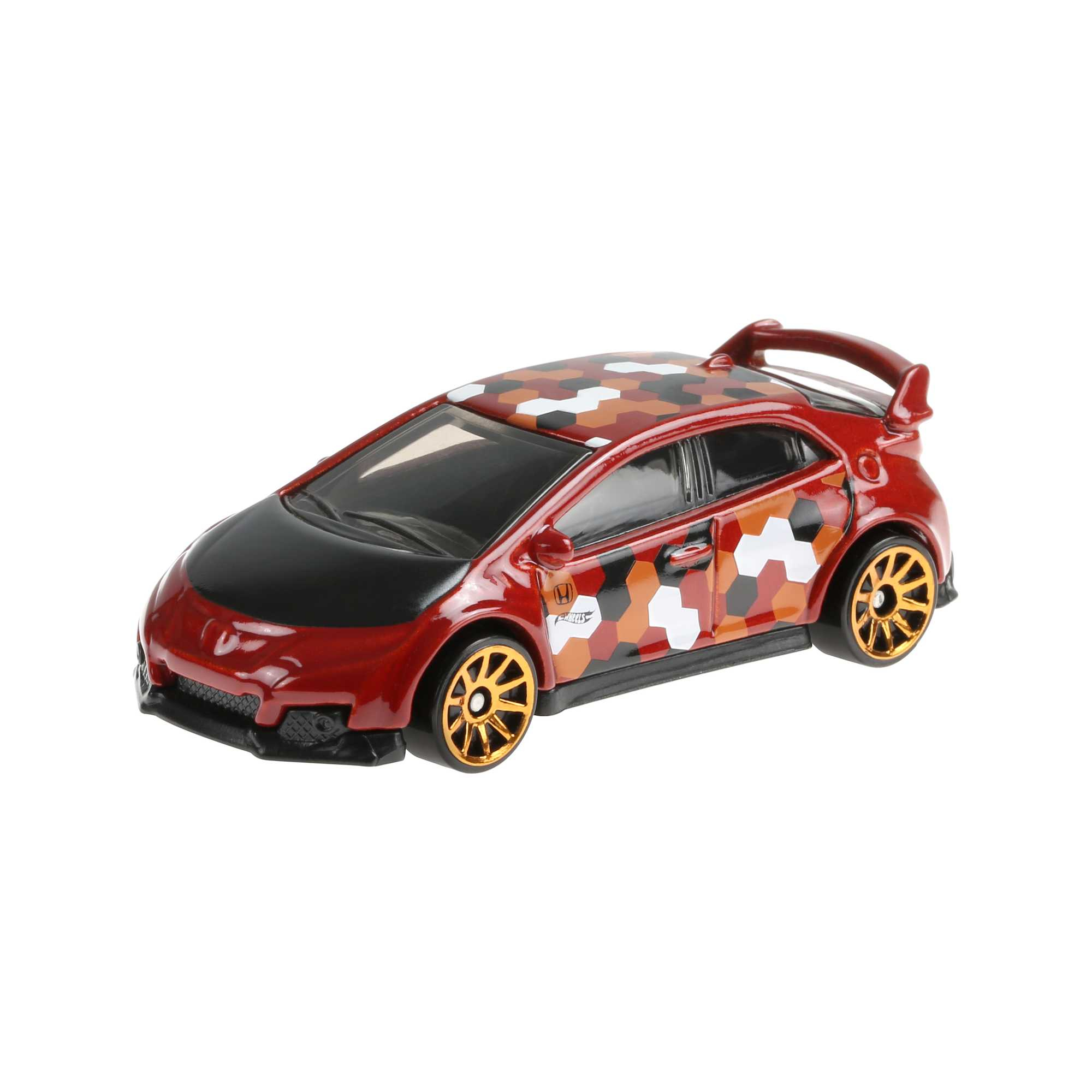 Ein rot-schwarzes Spielzeugauto mit Spoiler auf weißem Hintergrund. Das Auto ist ein Honda Civic.