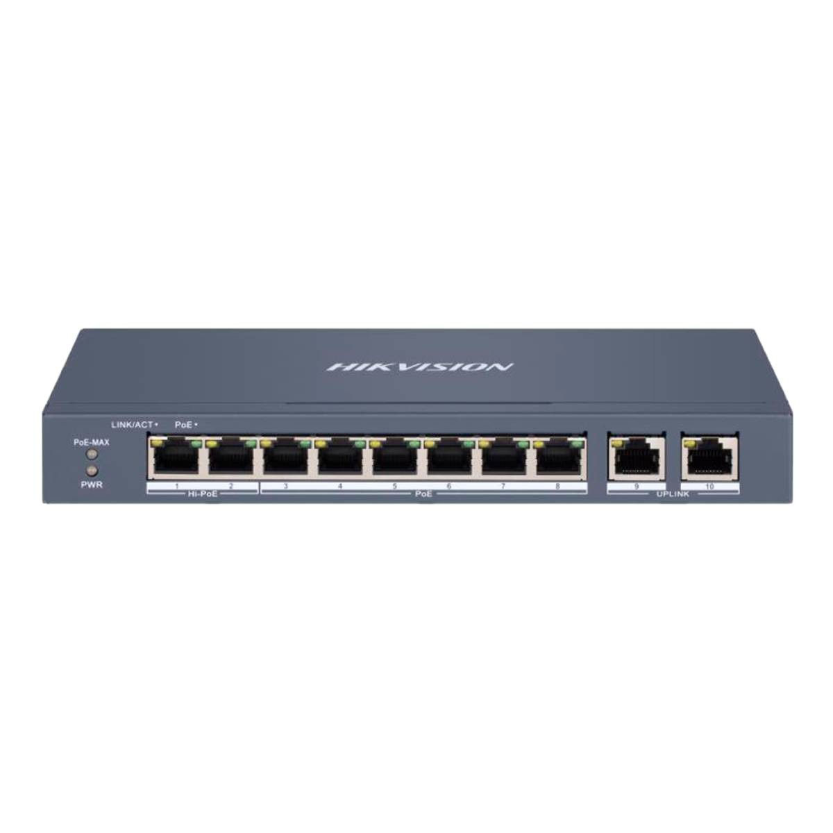 Uno switch di rete grigio scuro con più porte etichettate su sfondo bianco.