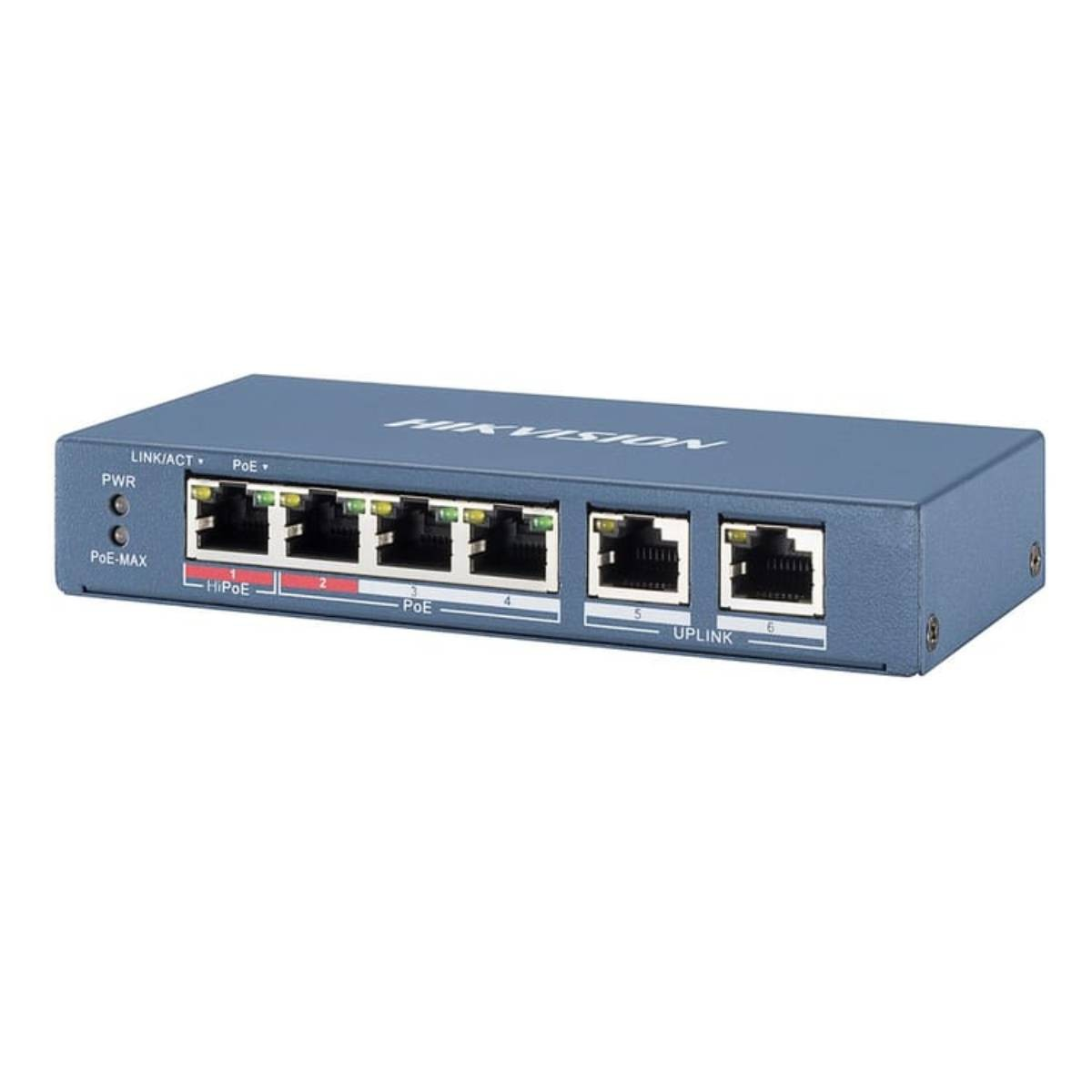 Een blauwe netwerkswitch met meerdere gemarkeerde poorten en een Hikvision-logo.
