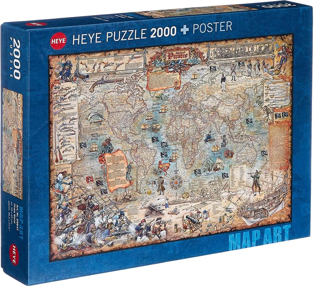 Puzzledose mit Weltkarte und Piratenillustrationen. Blaue Box mit dem Markennamen Heye.