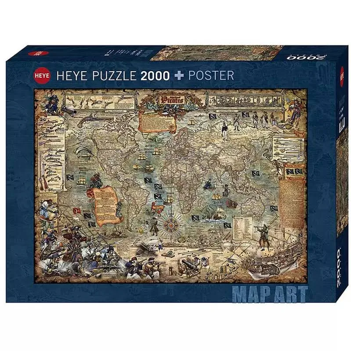Puzzledose mit einer Weltkarte und Piraten-Illustrationen. Die Box ist blau mit dem Markennamen Heye.