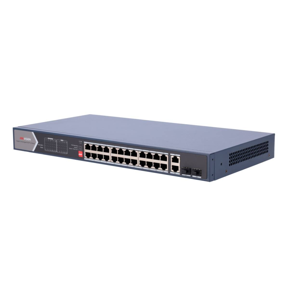 Uno switch di rete grigio con più porte. Ha un logo Hikvision in alto a sinistra.