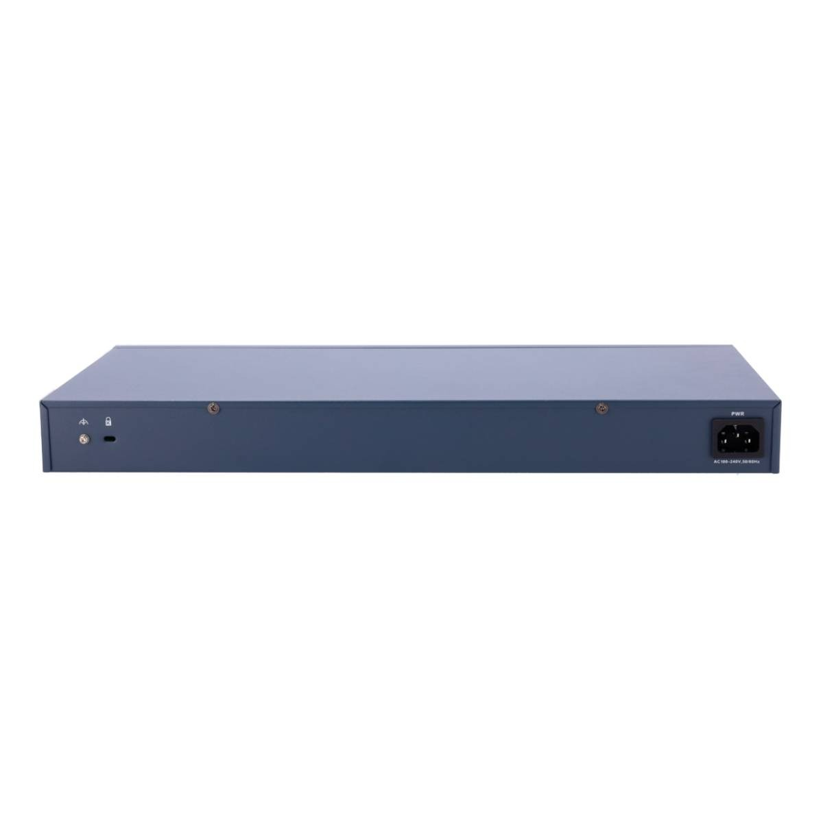 Uno switch di rete blu con varie porte e spie luminose.