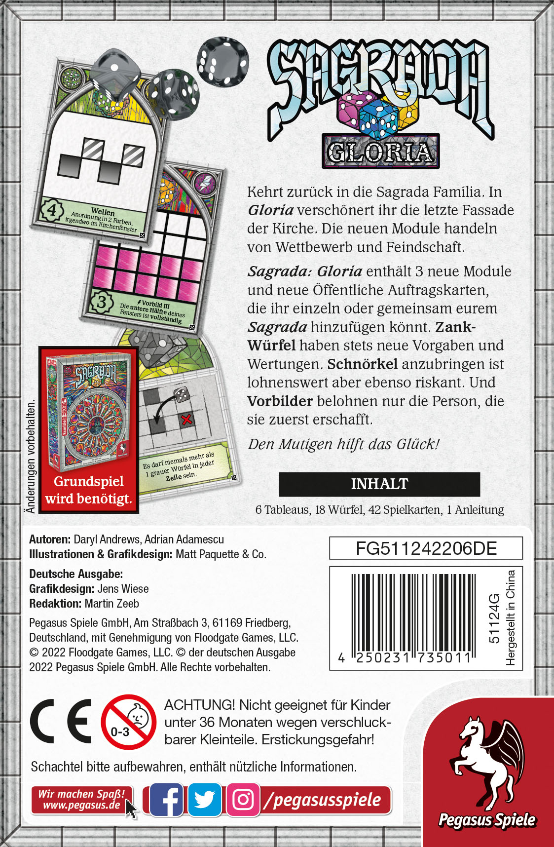 Die Rückseite einer Brettspielbox mit Text und Bildern. Es zeigt Spielkomponenten und ein Logo.