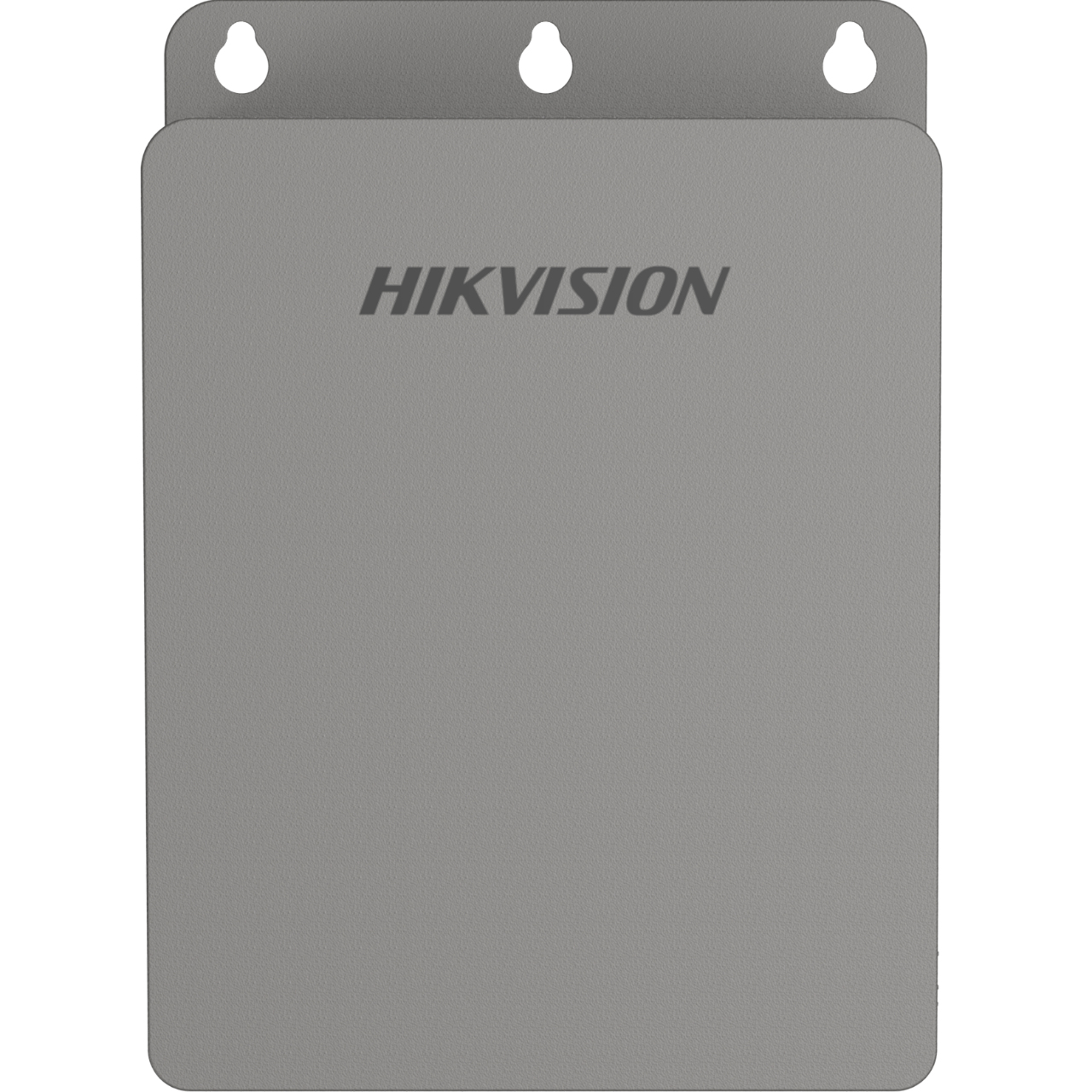 Una placa metálica gris con la palabra HIKVISION. Tiene tres agujeros en la parte superior.