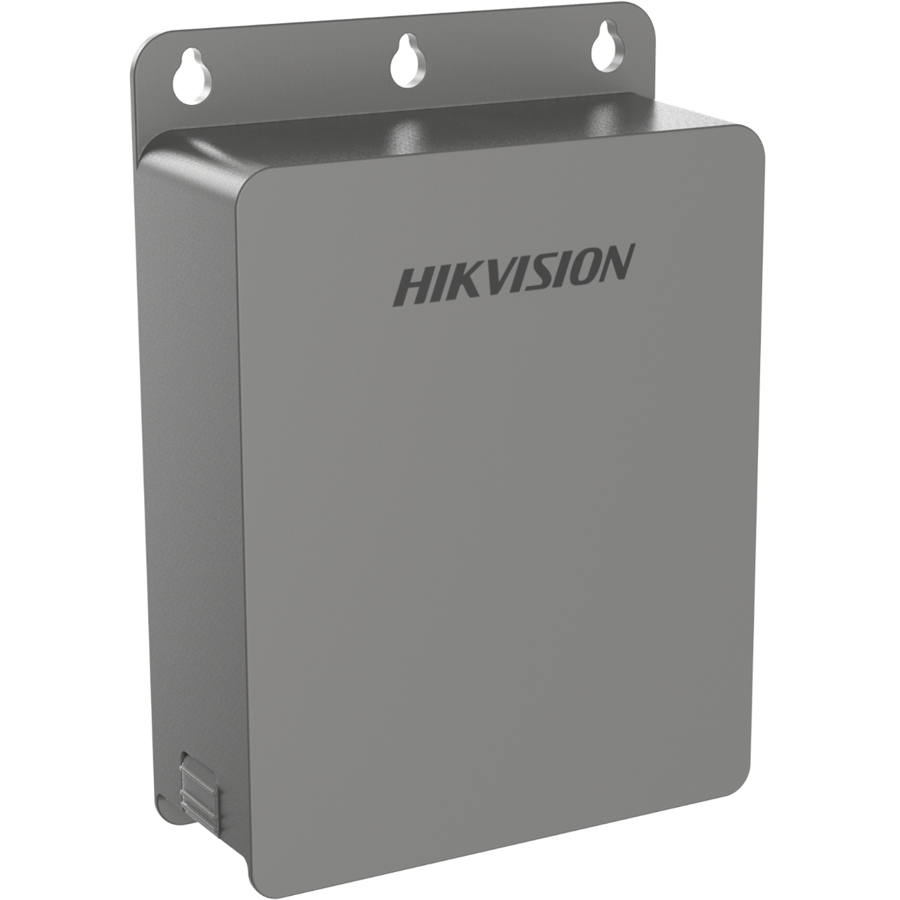 Una caja de metal gris con HIKVISION escrito.