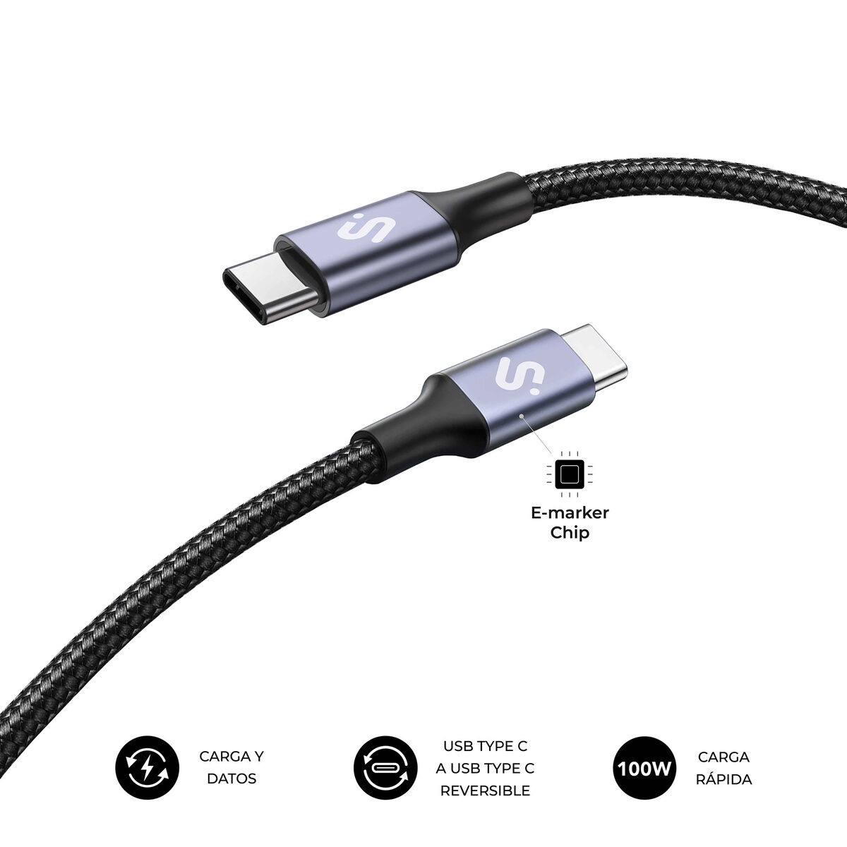 Un cable USB-C con ambos extremos visibles, uno conectado a un dispositivo con chip E-marker.