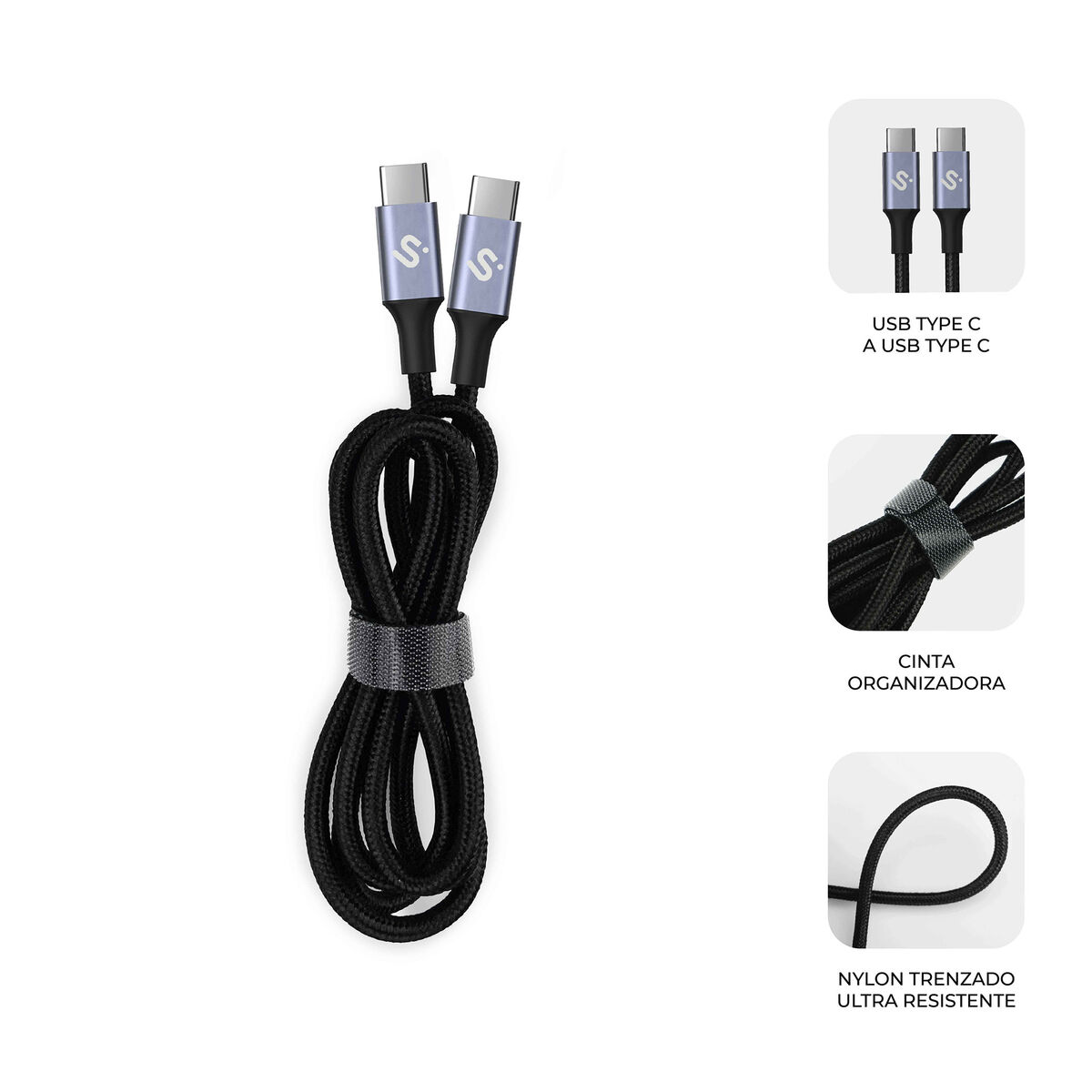 Cable USB negro con dos conectores USB tipo C. Es un cable de nailon trenzado con un organizador de velcro.