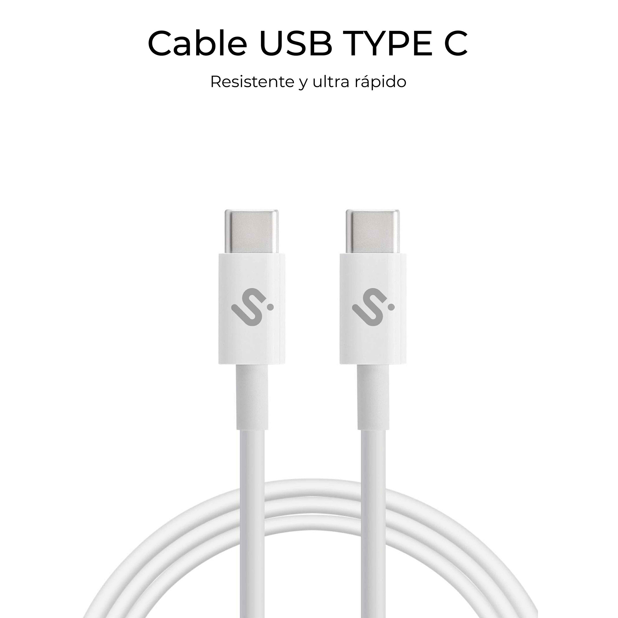 Zwei weiße USB-C-Kabel nebeneinander auf weißem Hintergrund mit dem Text 'Cable USB TYPE C'.
