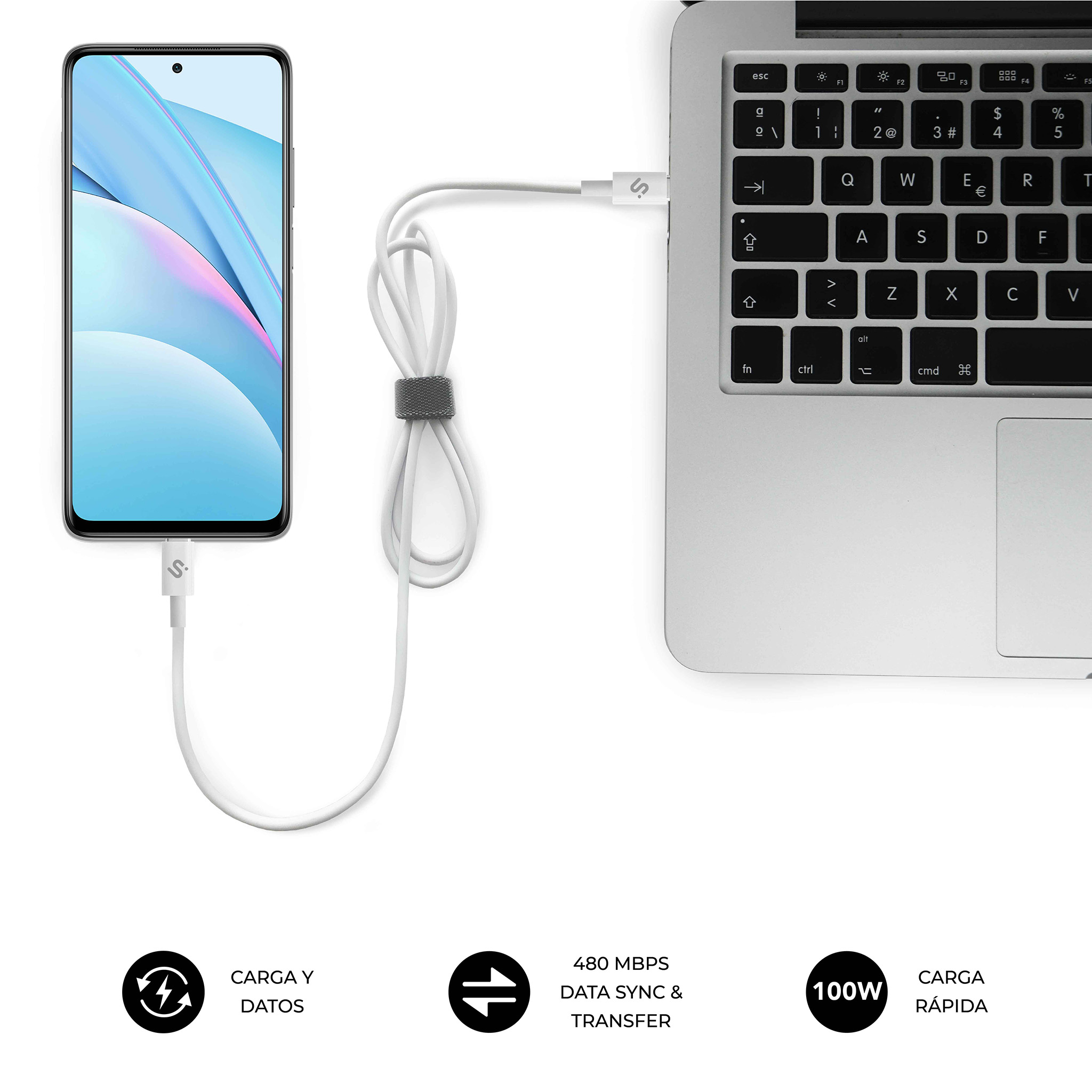 Weißes USB-Kabel, das mit einem Telefon und einem Laptop verbunden ist. Symbole zeigen Datensynchronisation und Laden.