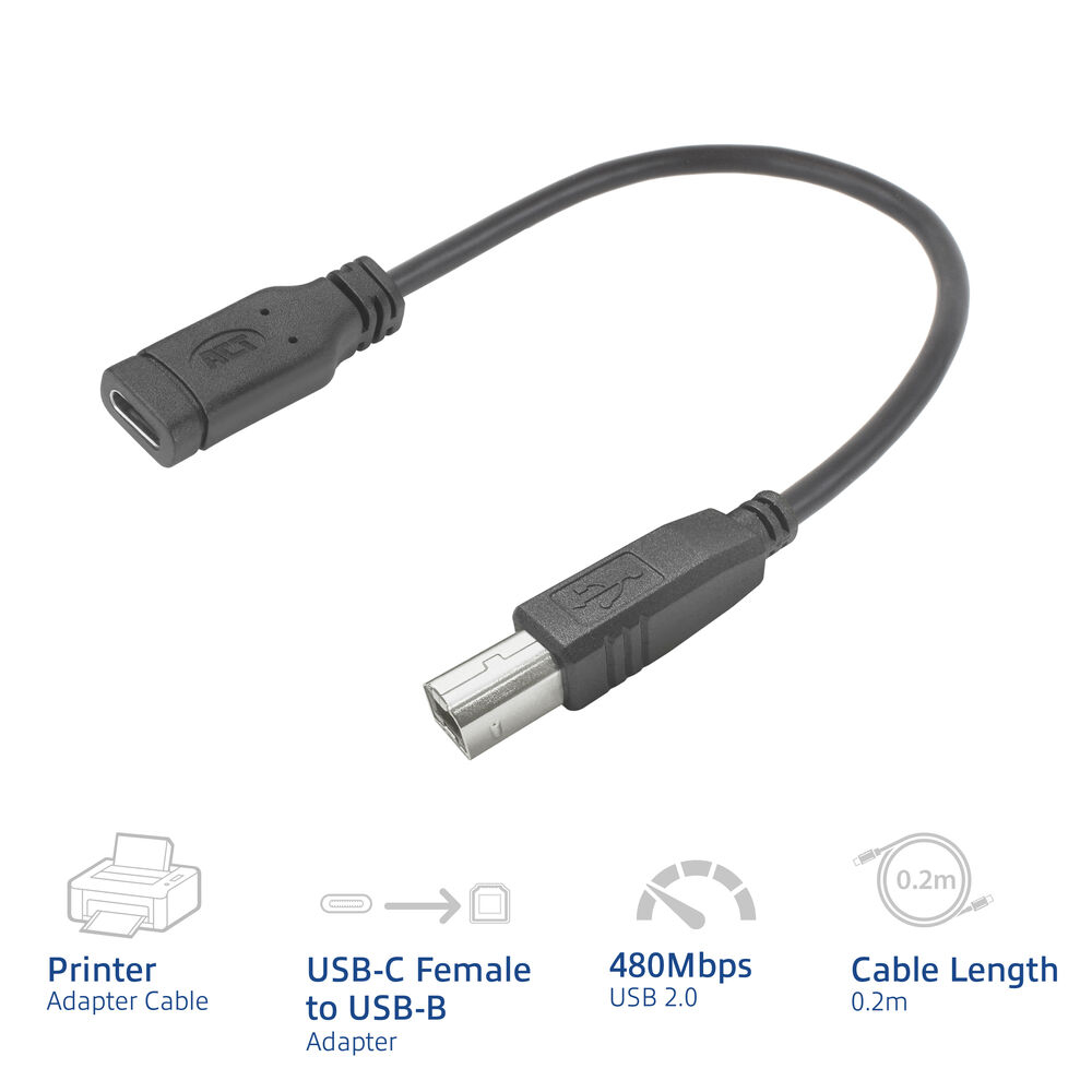 USB-C naar USB-B adapterkabel. De kabel is zwart, met witte tekst met specificaties.