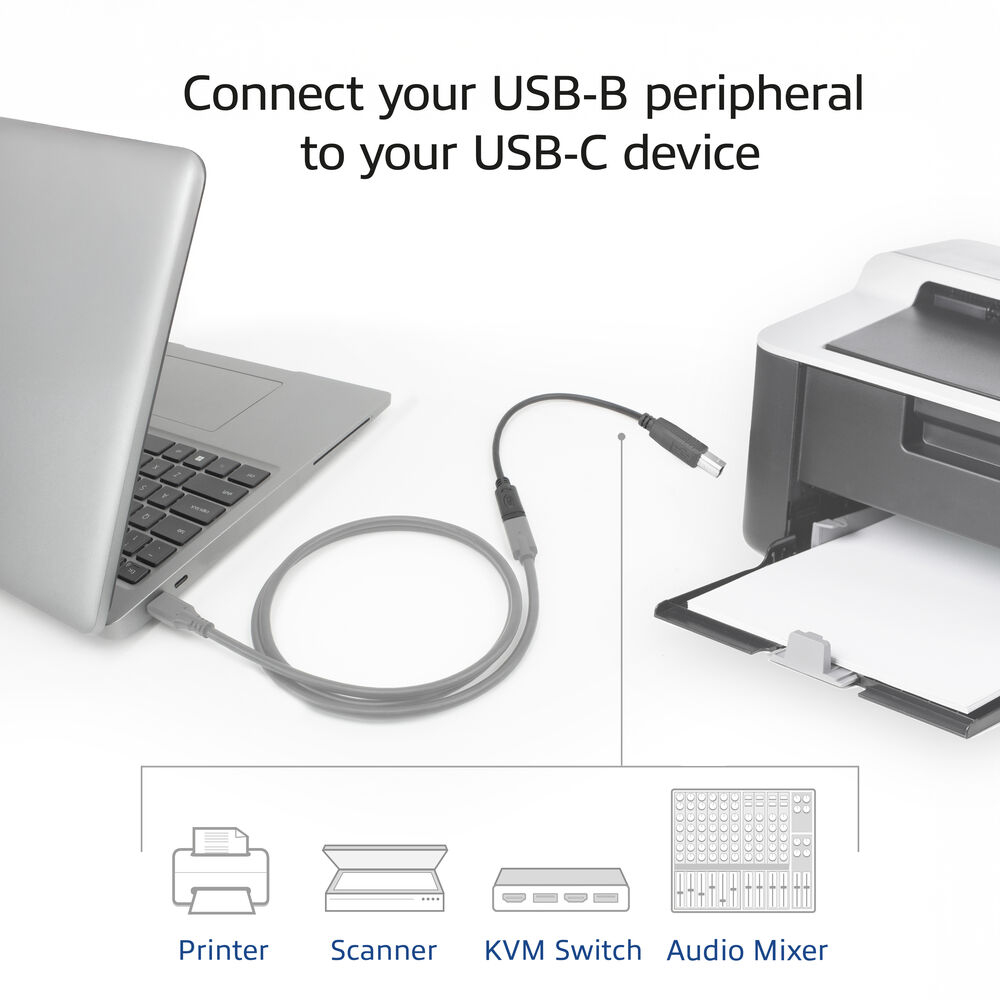 Een laptop, via een grijze kabel verbonden met een printer, met pictogrammen voor scanner en mixer eronder.