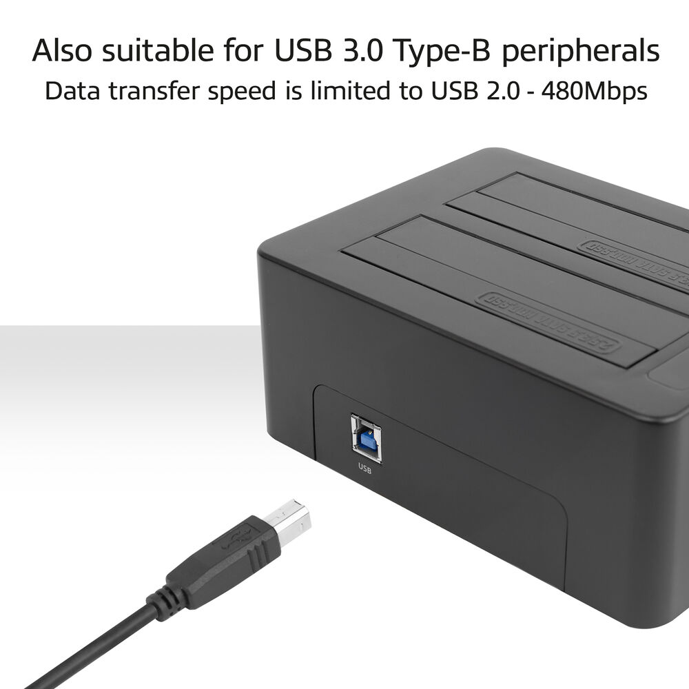 Zwarte harde schijfbehuizing met een USB-poort. Tekst staat op de behuizing.