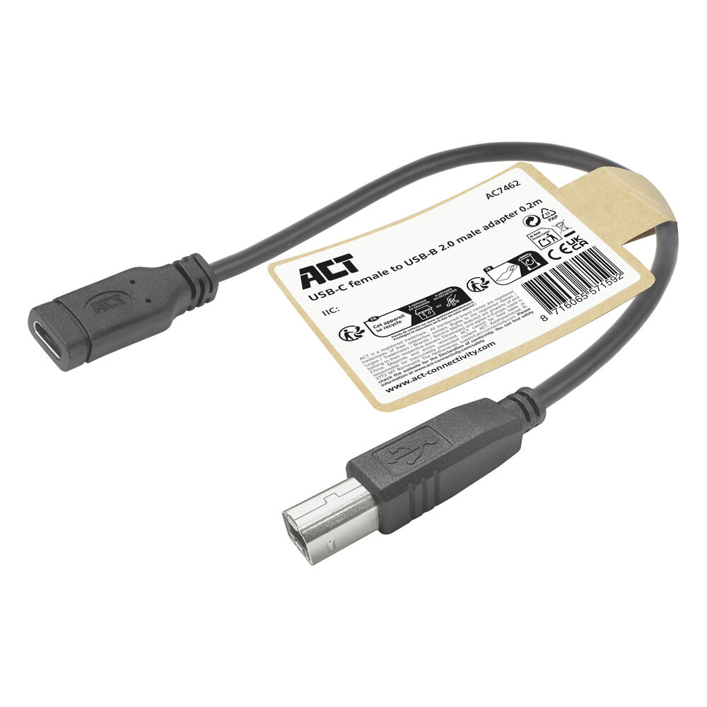 USB-C naar USB-B adapterkabel, met connectordetails en productinformatielabel.