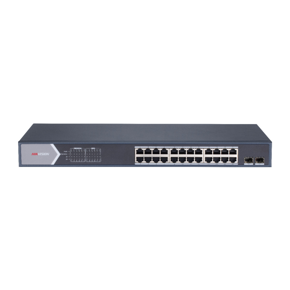 Switch di rete nero con più porte e spie luminose, pannello frontale grigio.