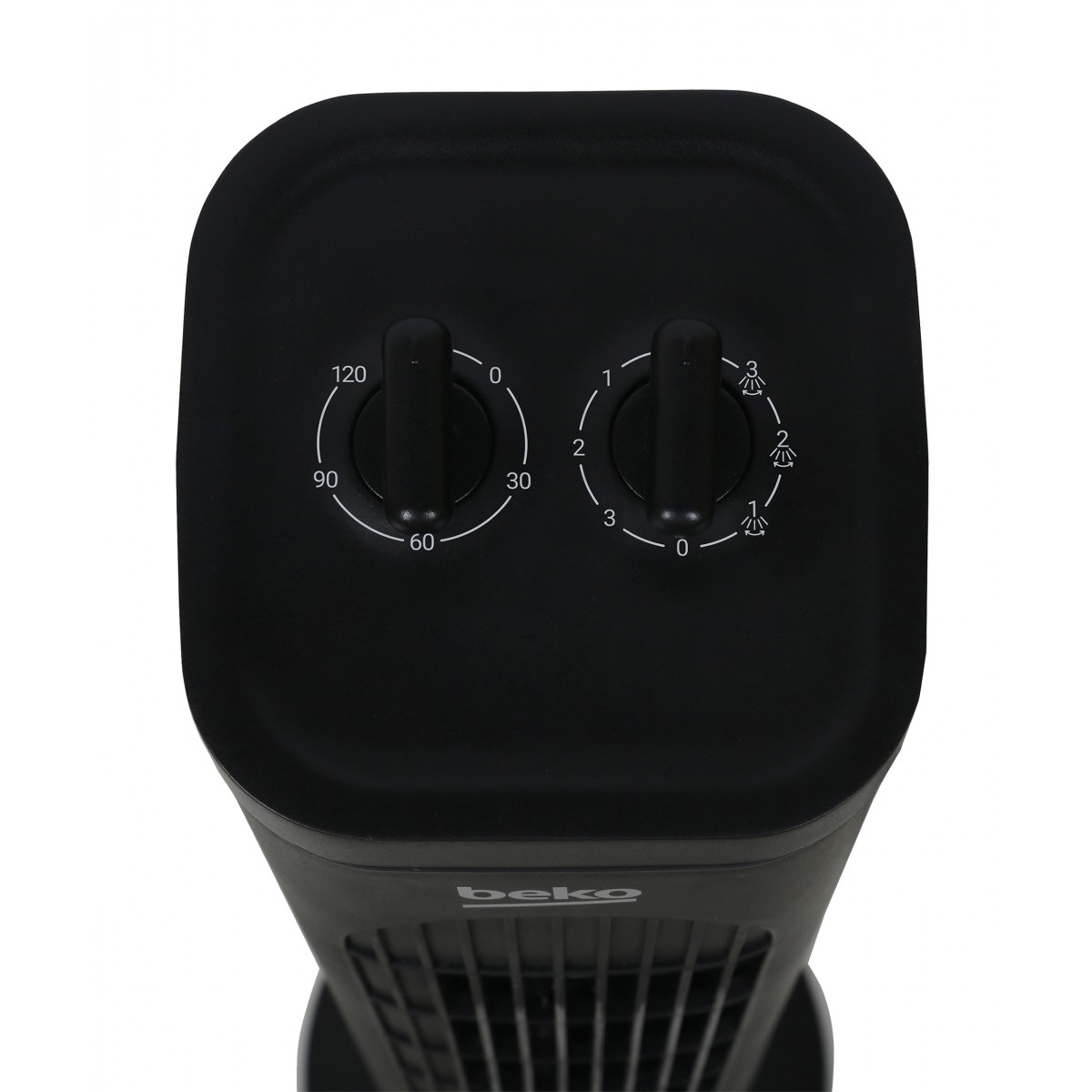 Czarny wentylator z dwoma pokrętłami. Jedno do czasu, drugie do ustawień prędkości. Logo Beko na dole.