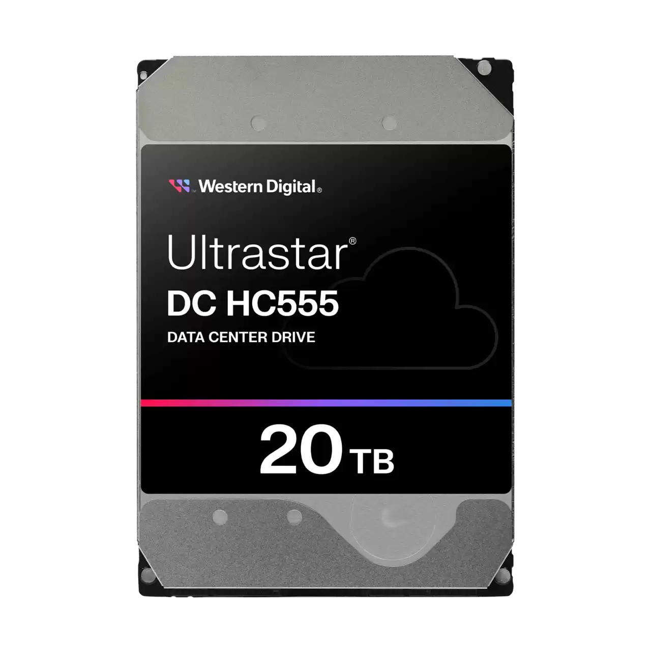 Disco rigido argento e nero con '20 TB' sul davanti. Logo Western Digital.