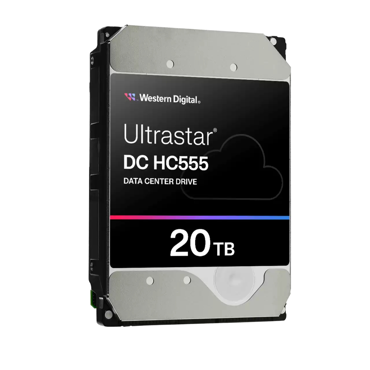 Disco rigido argento e nero con '20 TB' sul davanti. Logo Western Digital.