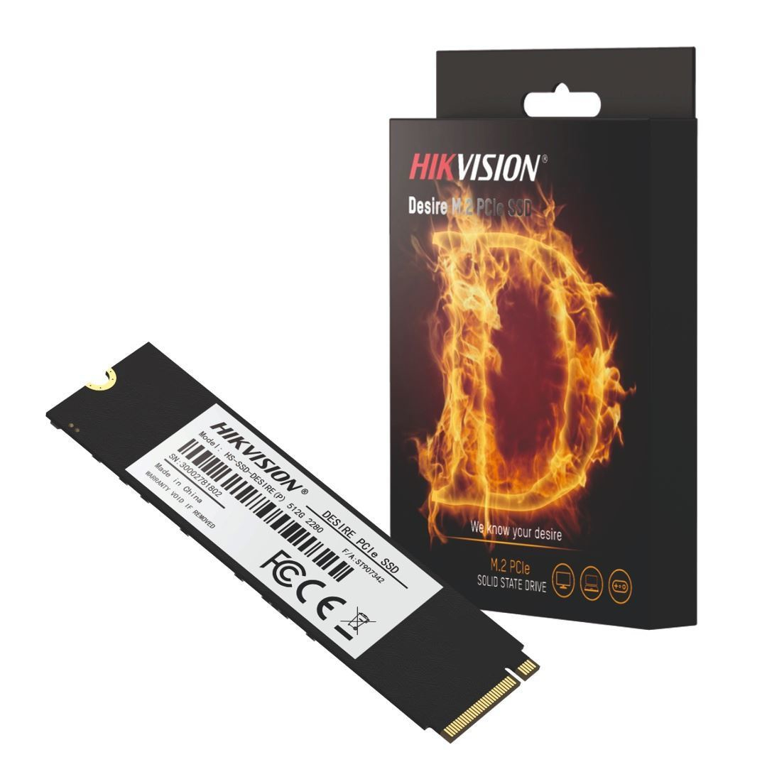 Kutu ile siyah beyaz SSD. Kutuda alev tasarımı ve metin: Desire M.2 PCIe SSD.