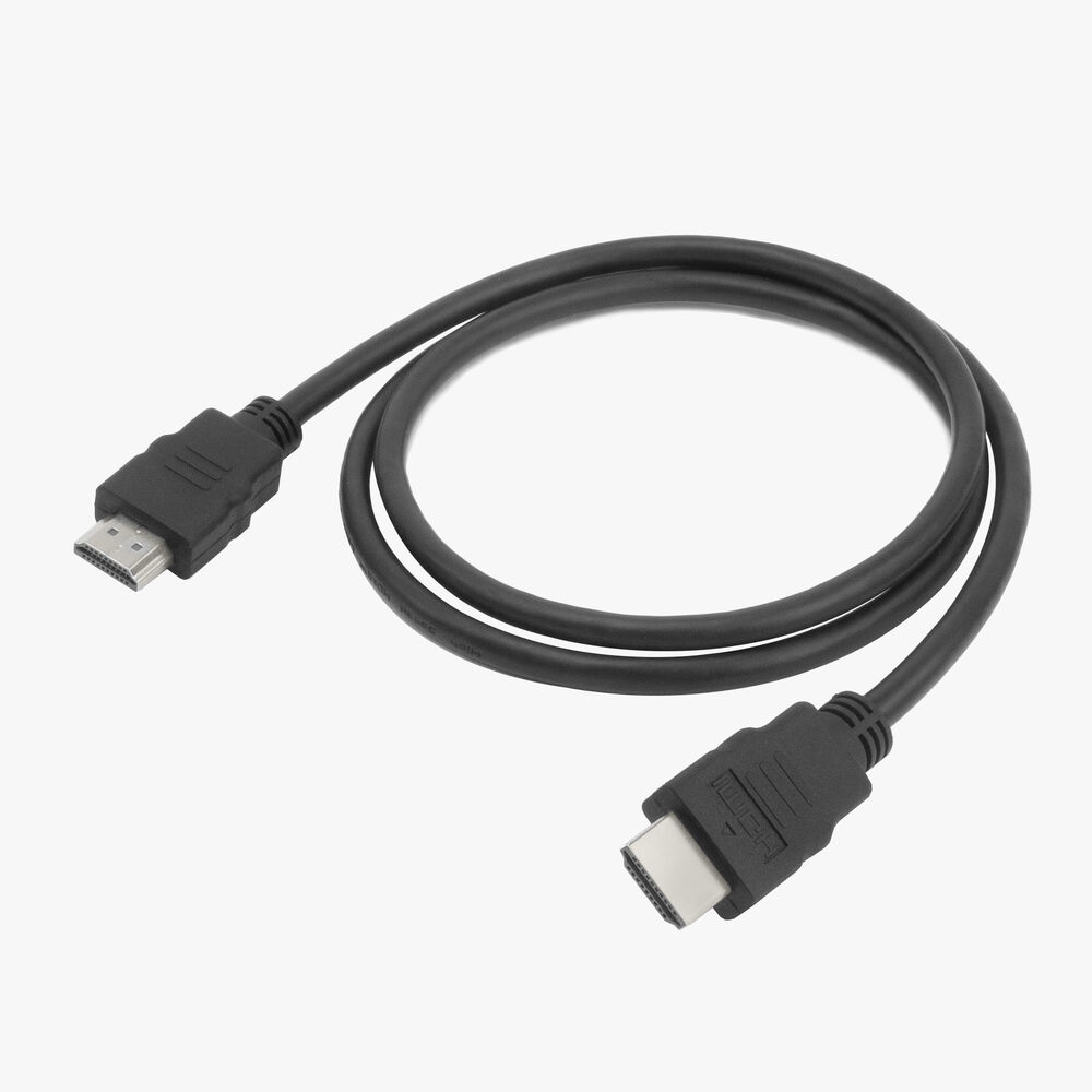 Ein schwarzes HDMI-Kabel mit Anschlüssen, auf weißem Hintergrund aufgerollt.