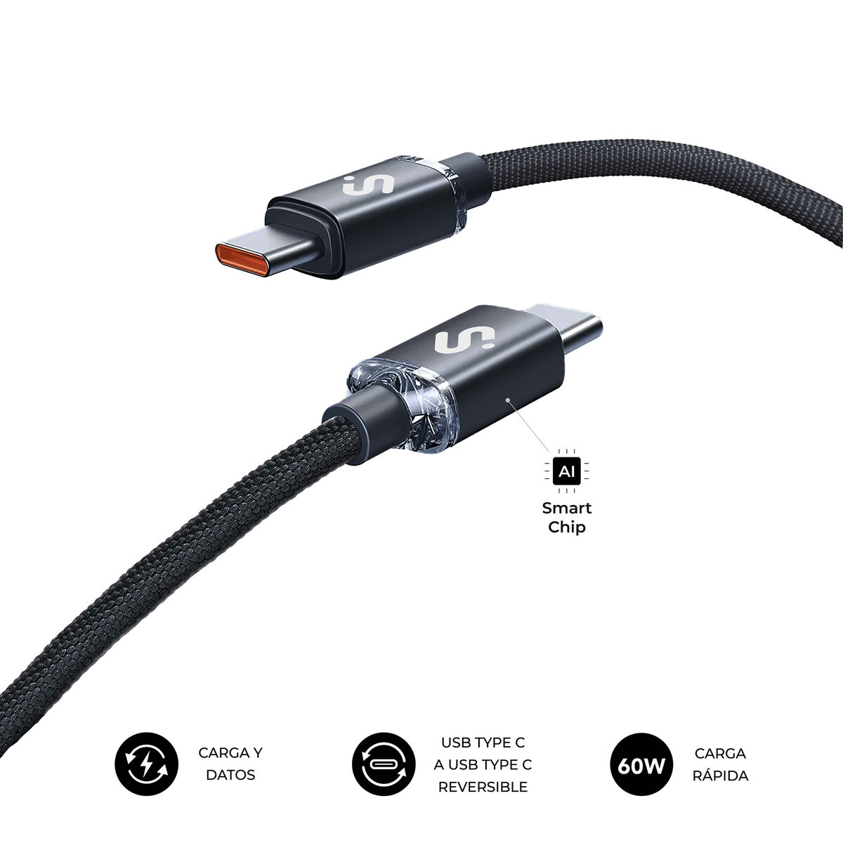 Cable USB-C negro con diseño trenzado y dos conectores. Fondo blanco.