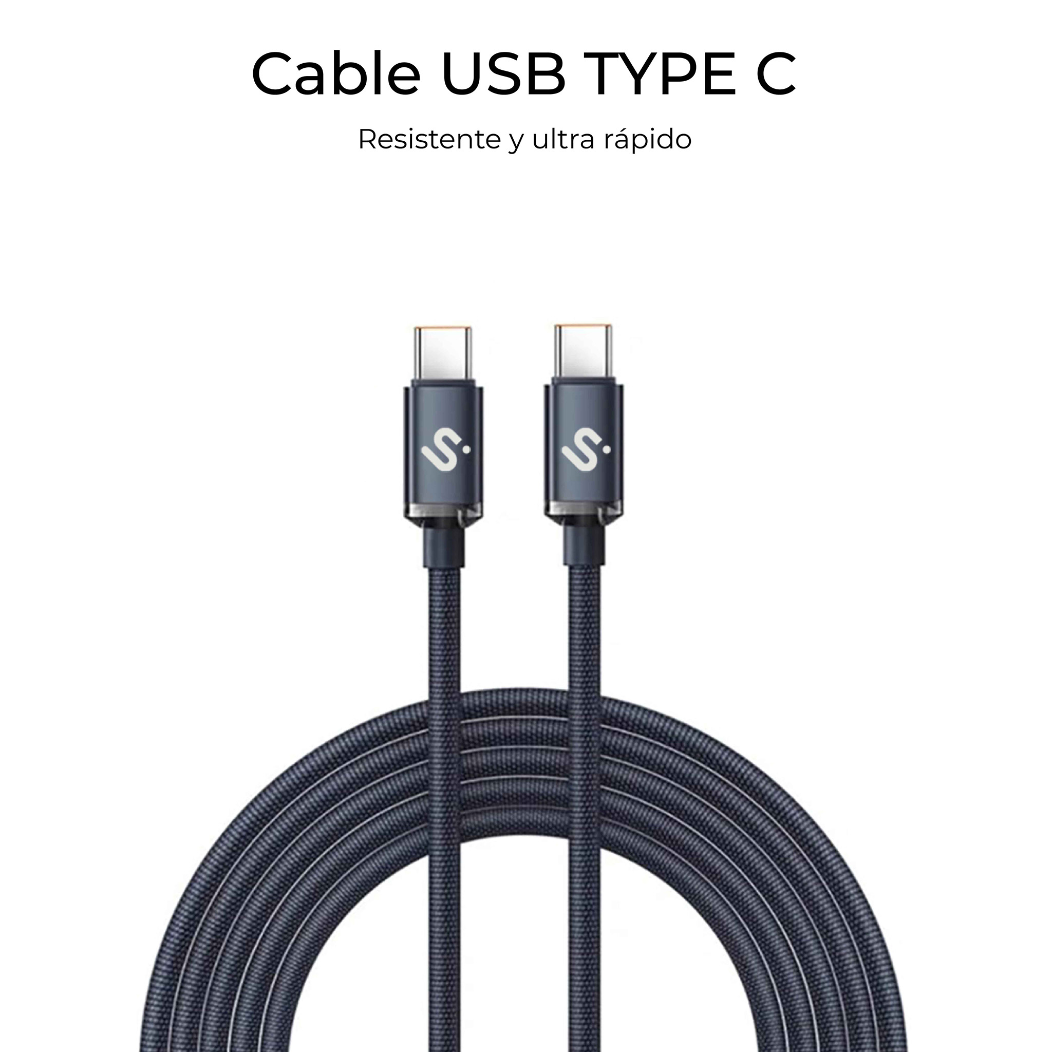 Dos cables USB-C con conectores grises y un cable trenzado negro.