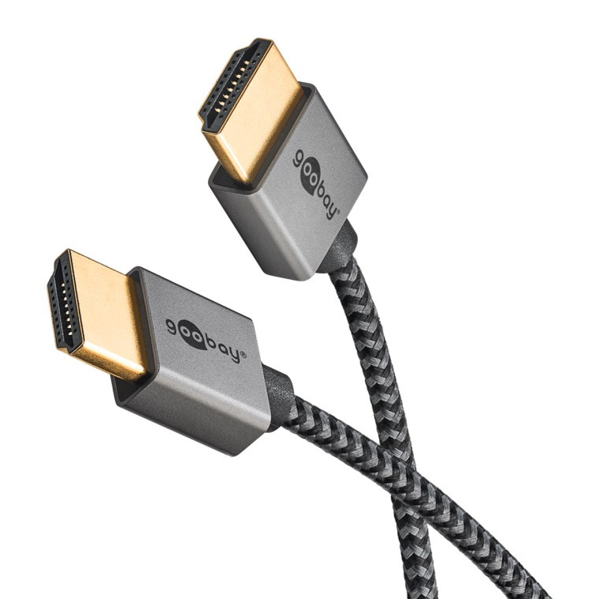 Twee HDMI-kabels met grijs-zwarte gevlochten kabels en gouden connectoren.