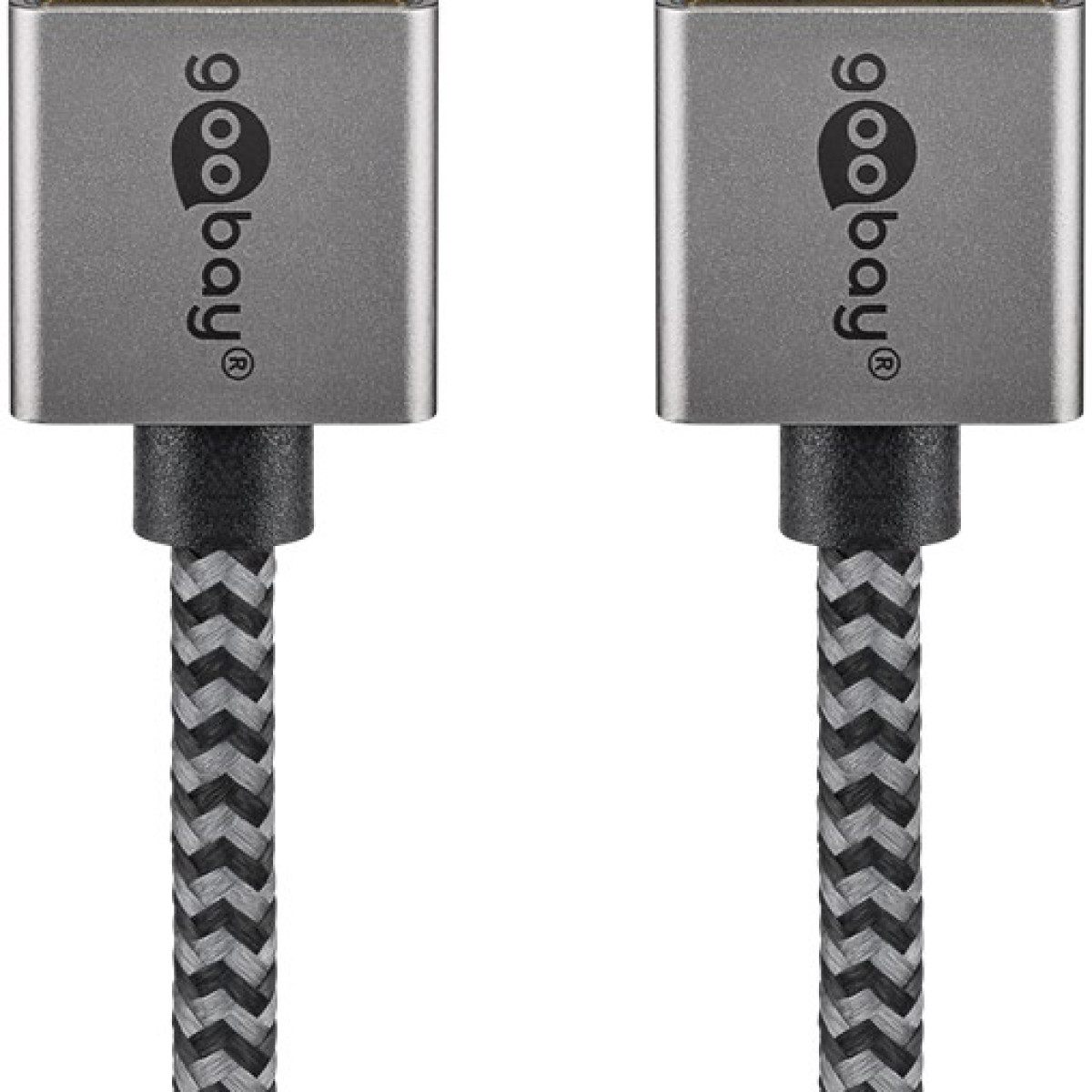 Twee grijs-zwarte gevlochten HDMI-kabels, met zilveren connectoren, worden verticaal weergegeven.