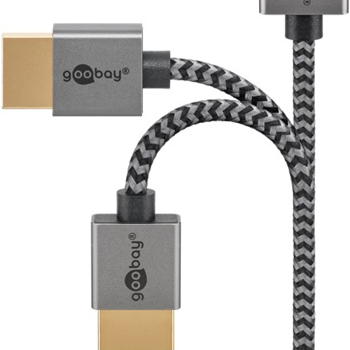 Zwarte en grijze HDMI-kabel met twee connectoren. De kabel is gevlochten.