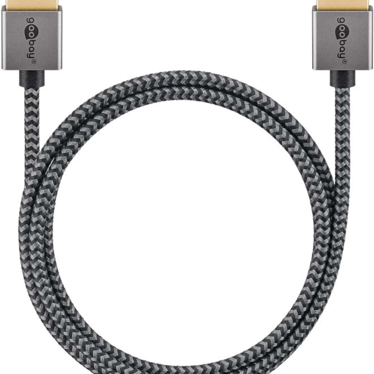 Een HDMI-kabel met grijs en zwart vlechtwerk vormt een cirkel. Zilveren connectoren zitten aan elk uiteinde.