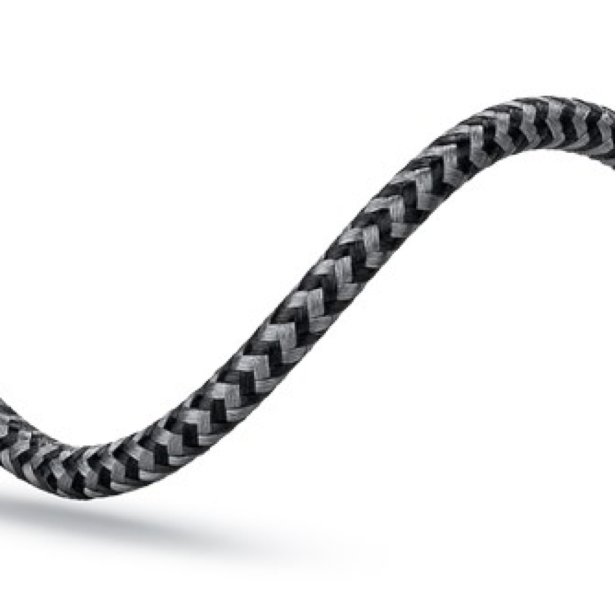 Gevlochten kabel, zwart en grijs, op witte achtergrond.