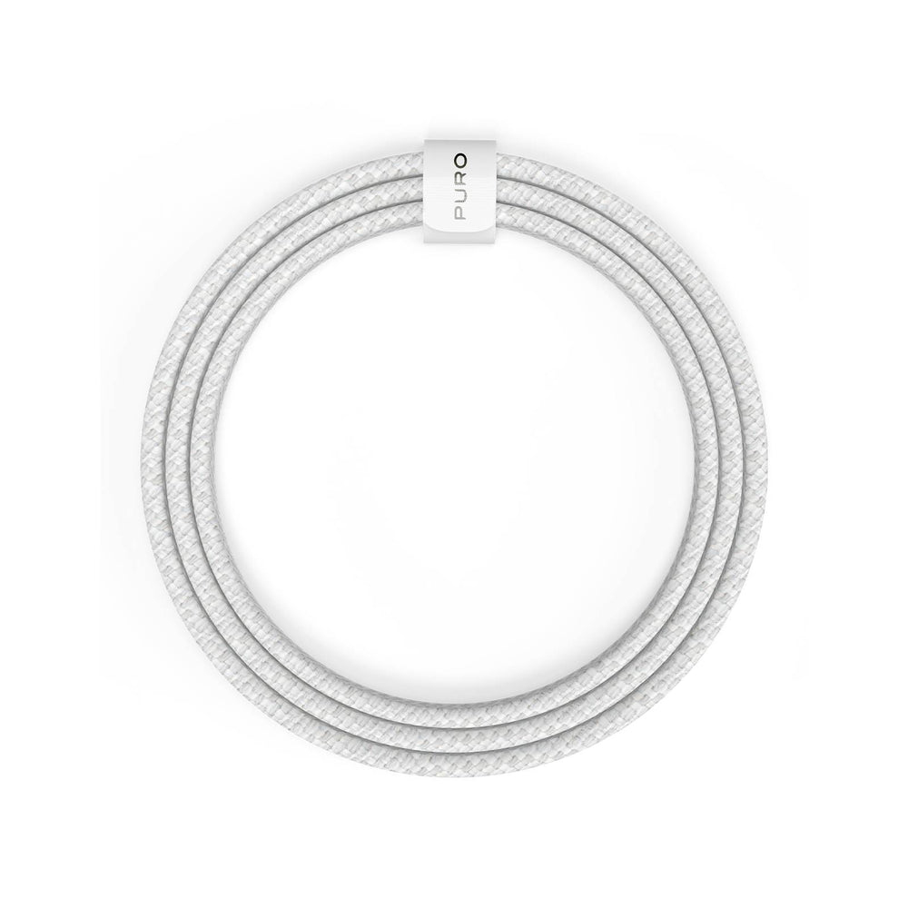 Ein weißes Kabel bildet einen Kreis. Das Kabel ist geflochten, mit einem weißen PURO-Etikett in der Mitte.