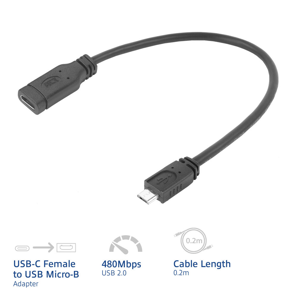 Ein schwarzes USB-C-zu-USB-Micro-B-Adapterkabel. Es ist schwarz mit Infos unten.