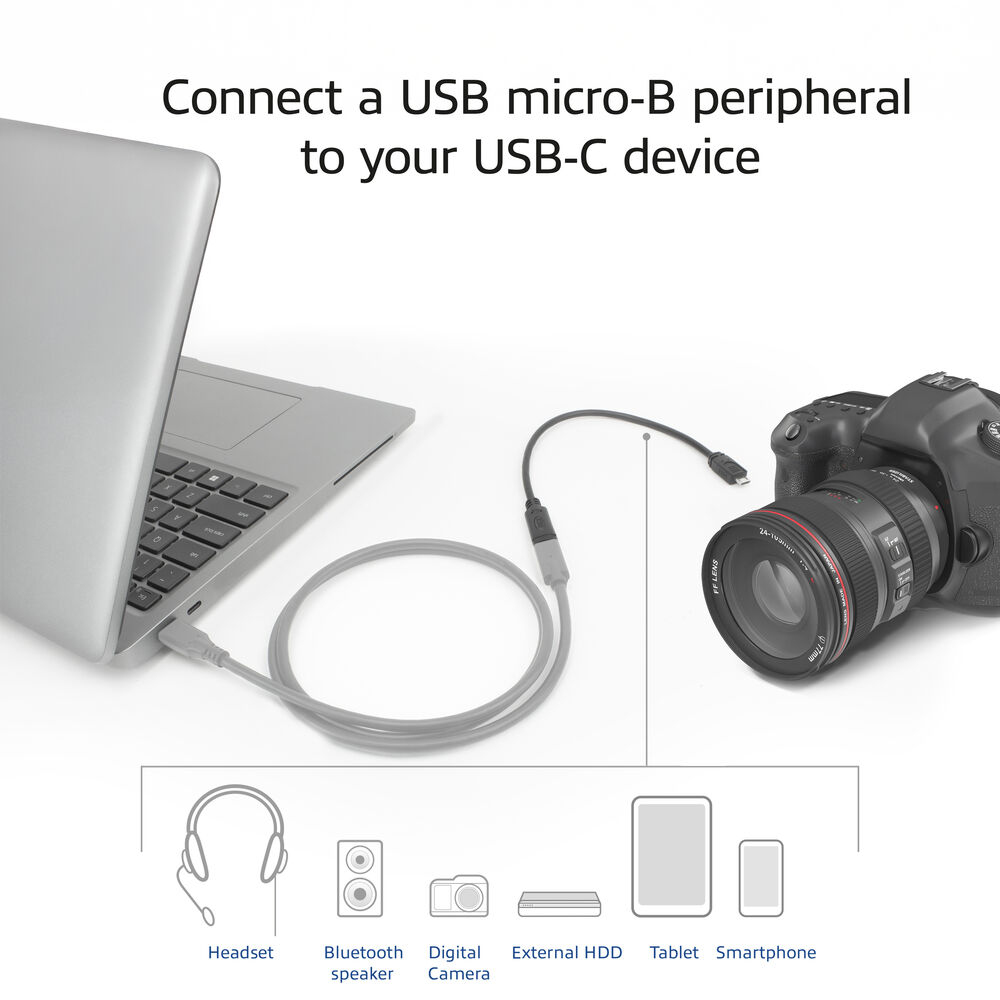 Ein Laptop, eine Kamera und andere Geräte sind über ein graues Kabel verbunden. Diagramm zeigt Verbindungen.