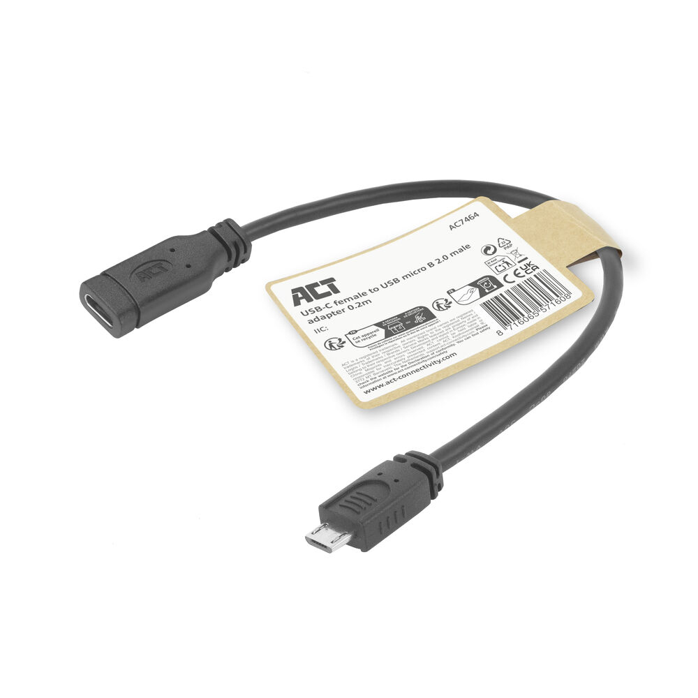 Ein schwarzes USB-C-zu-Micro-USB-Adapterkabel mit weißem Hintergrund. Das ACT-Logo ist sichtbar.
