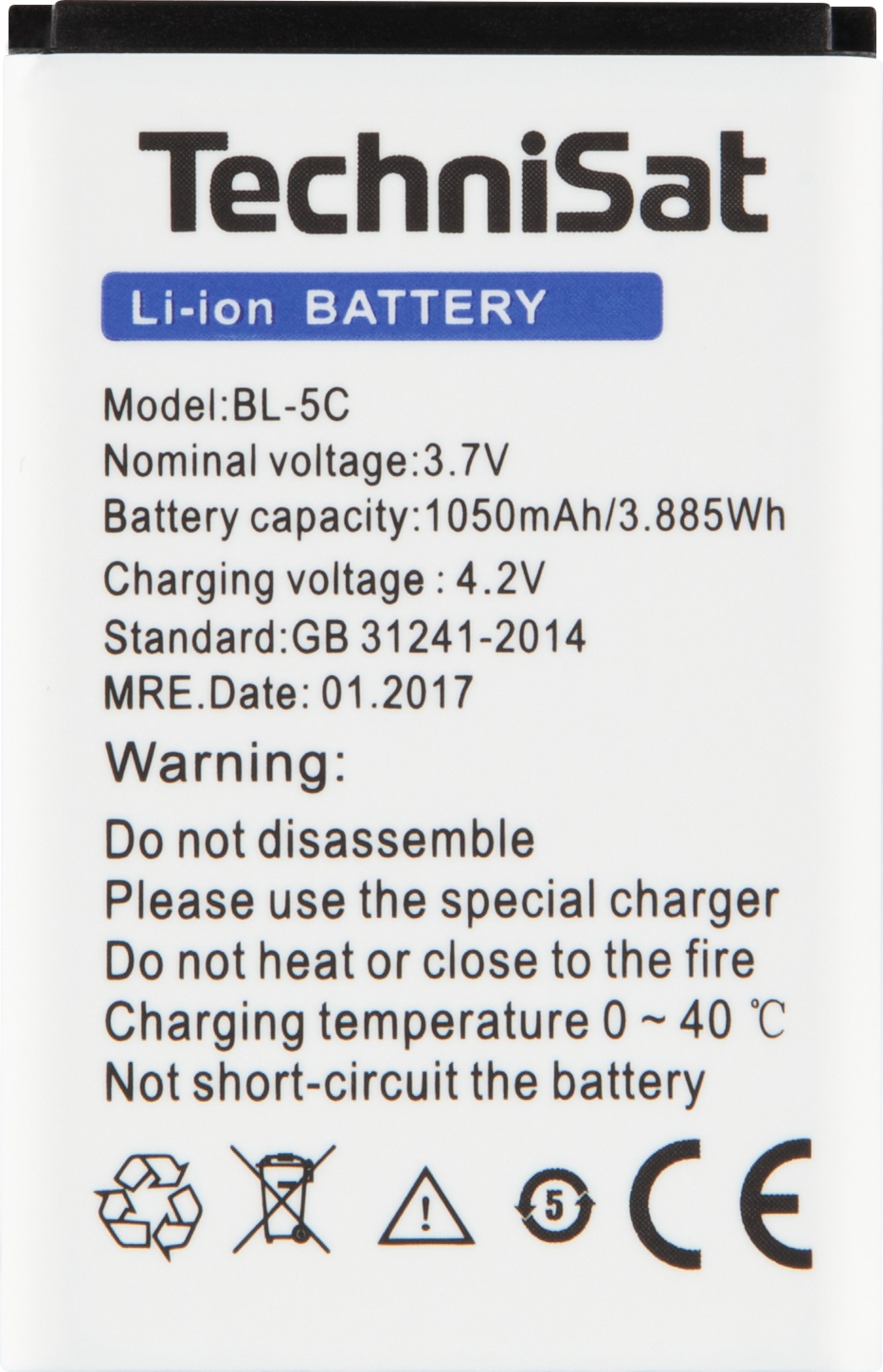 Batteria TechniSat Li-ion, etichetta bianca con testo nero, avvertenze e simboli di sicurezza.