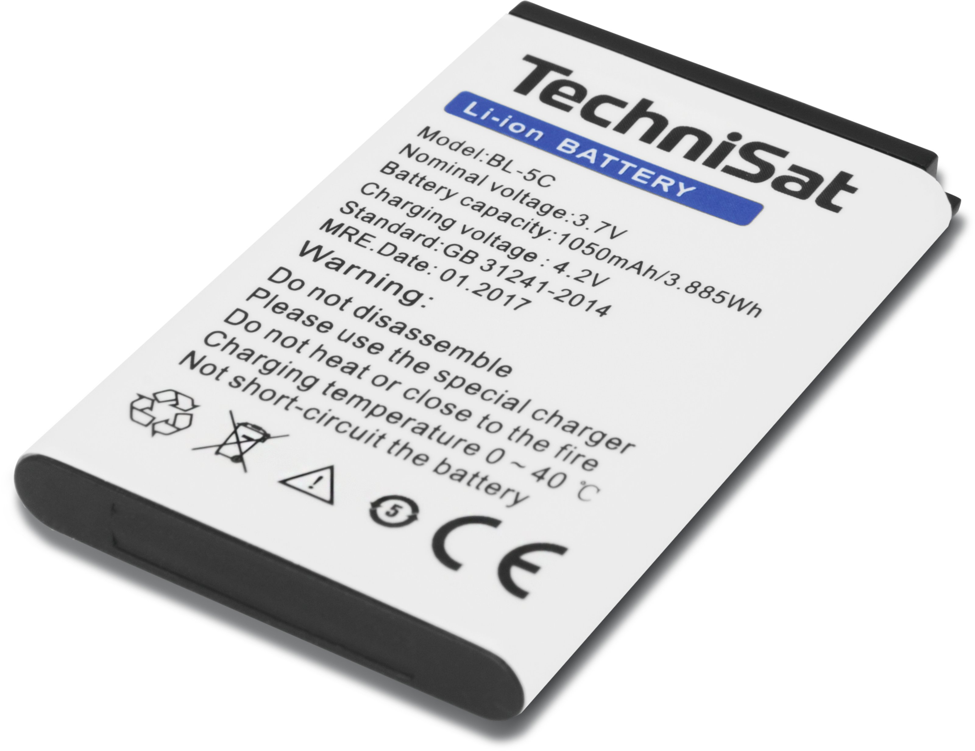 Batteria TechniSat Li-ion, etichetta bianca con testo nero, angolata, con avvertenze e simboli.