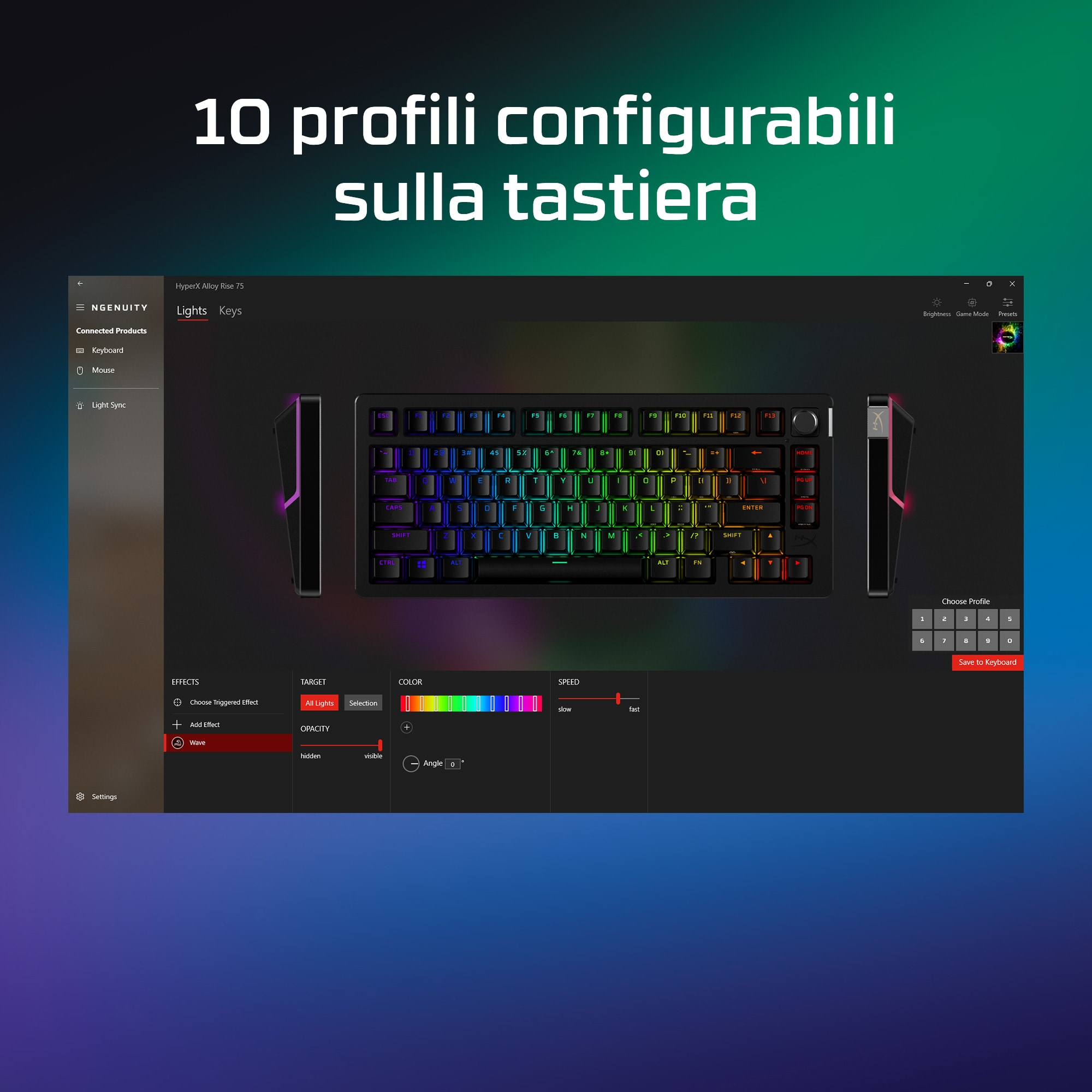 Tastatur mit RGB-Beleuchtung, Bildschirm mit der Benutzeroberfläche der Tastatur, italienischer Text.