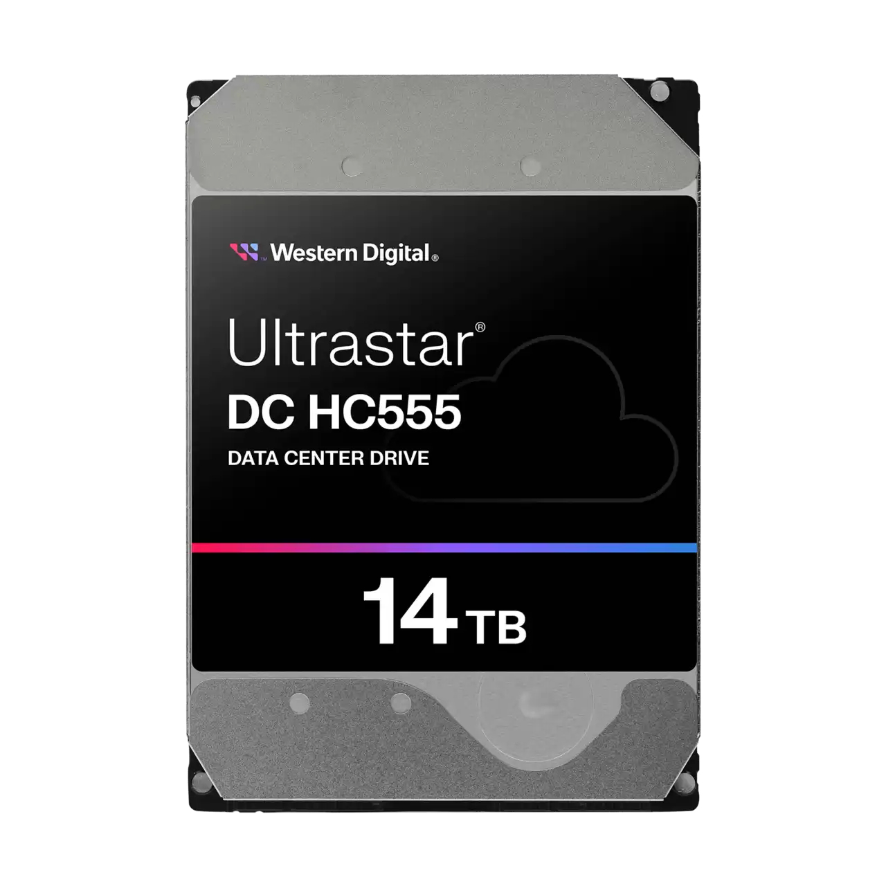 Western Digital Ultrastar DC HC555 harde schijf, zwart label met witte tekst, 14TB capaciteit.