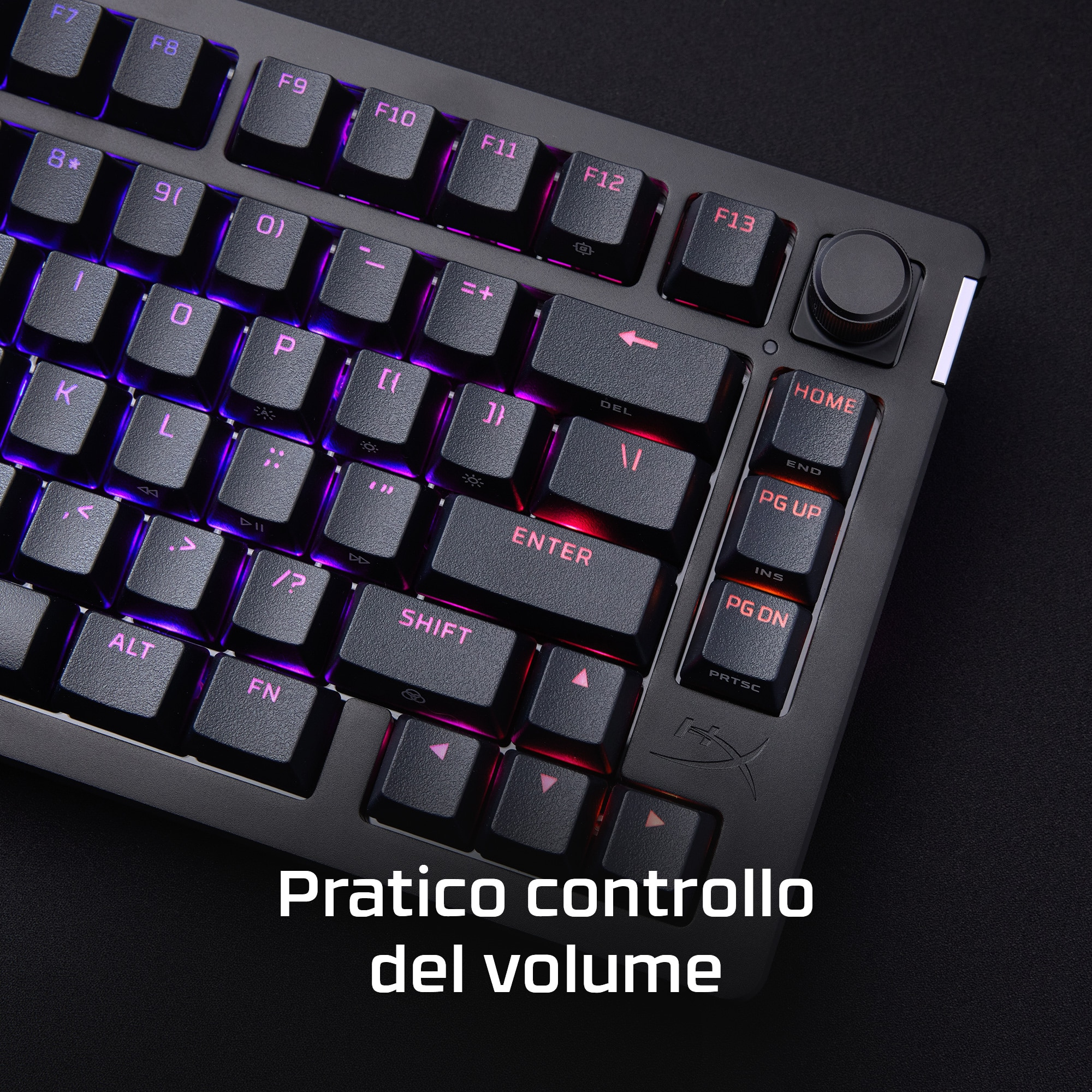 Nahaufnahme einer schwarzen Tastatur mit Lautstärkeregler, italienischer Text: 'Pratico controllo...'