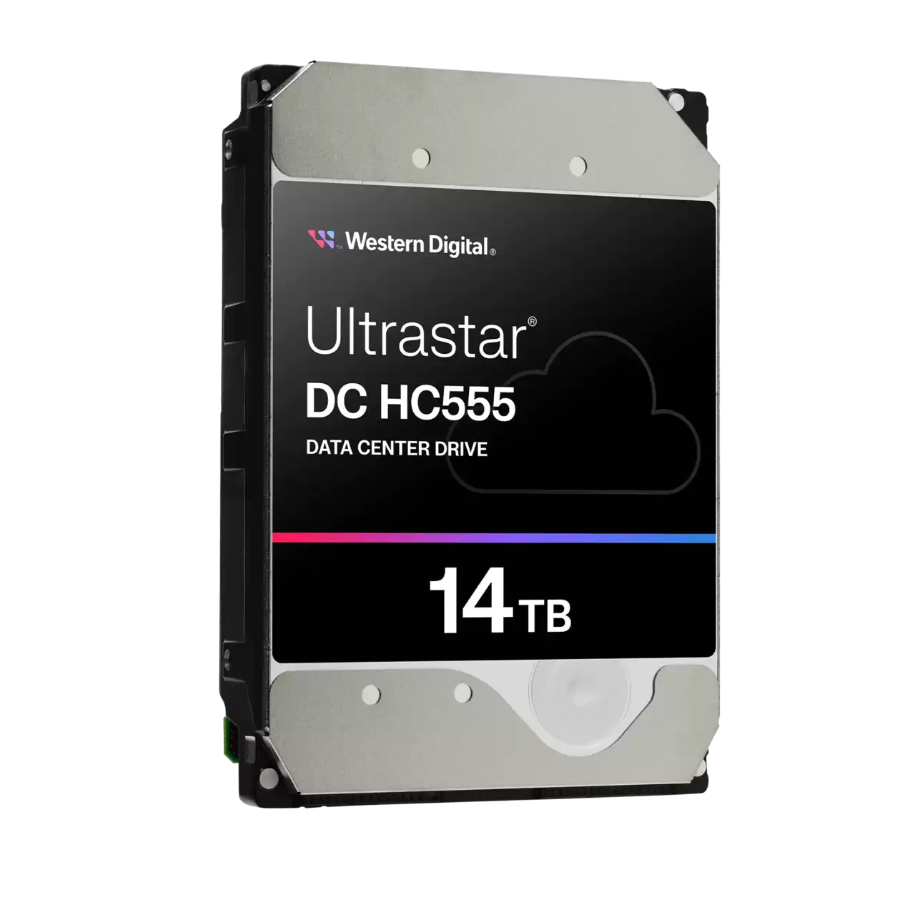 Een harde schijf met een zwart label met 'Ultrastar DC HC555 14 TB'. Zilveren zijkanten en zwart frame.